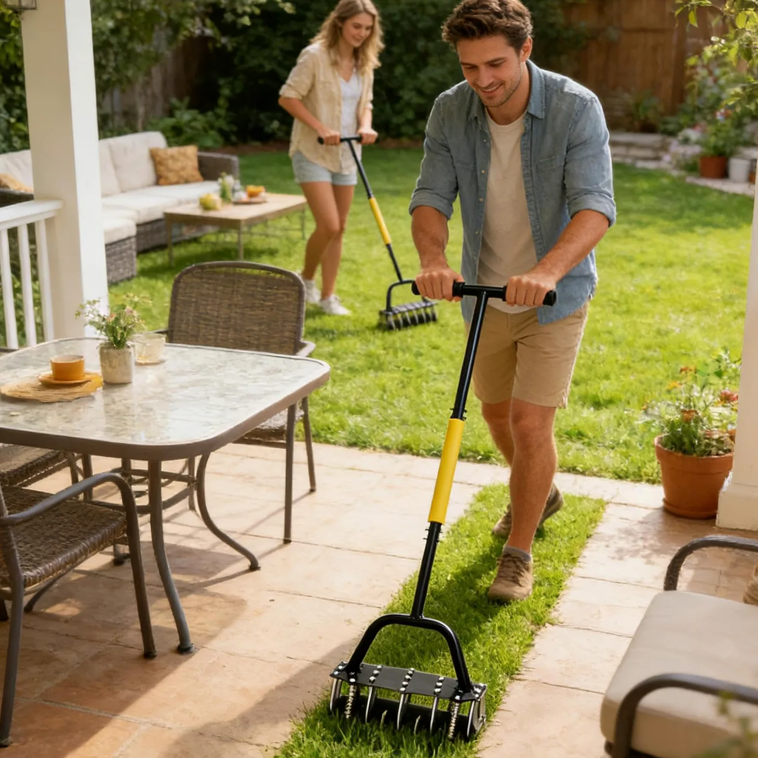 Aireador de Césped Herramienta manual de aireación | Diseño con resorte, aireador para césped con 17 púas de acero Para mantenimiento y aireación del césped