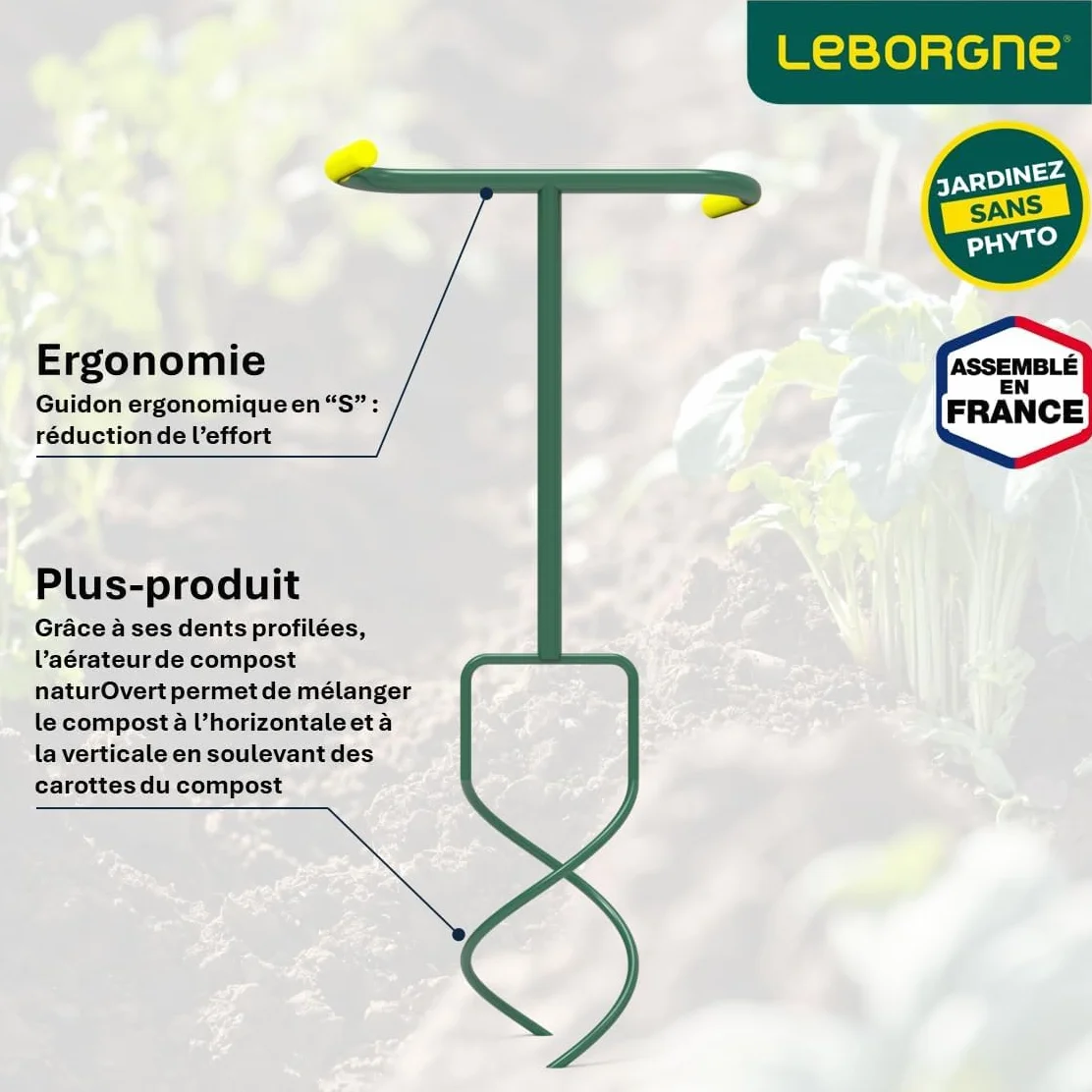 Leborgne Naturovert - Aeroplano de Compost ecológico y ergonómico - Dientes perfilados - Modelo 320061 - Verde