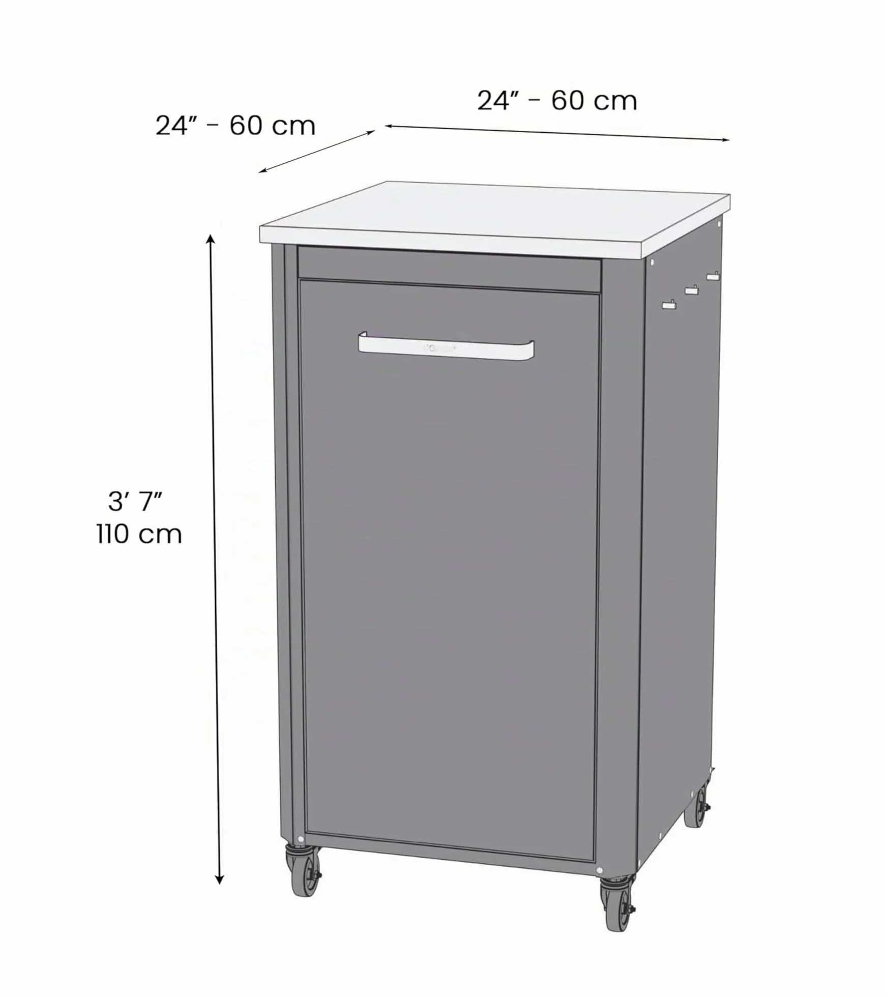 Cozze® | Cocina Exterior 60 Alta H110 cm | Encimera de Acero Inoxidable SS430 | Diseño Modular | 1 Puerta con Soporte para bombona | 6 Ganchos | Ruedas Ø75 mm | Estructura de Acero Lacado Negro