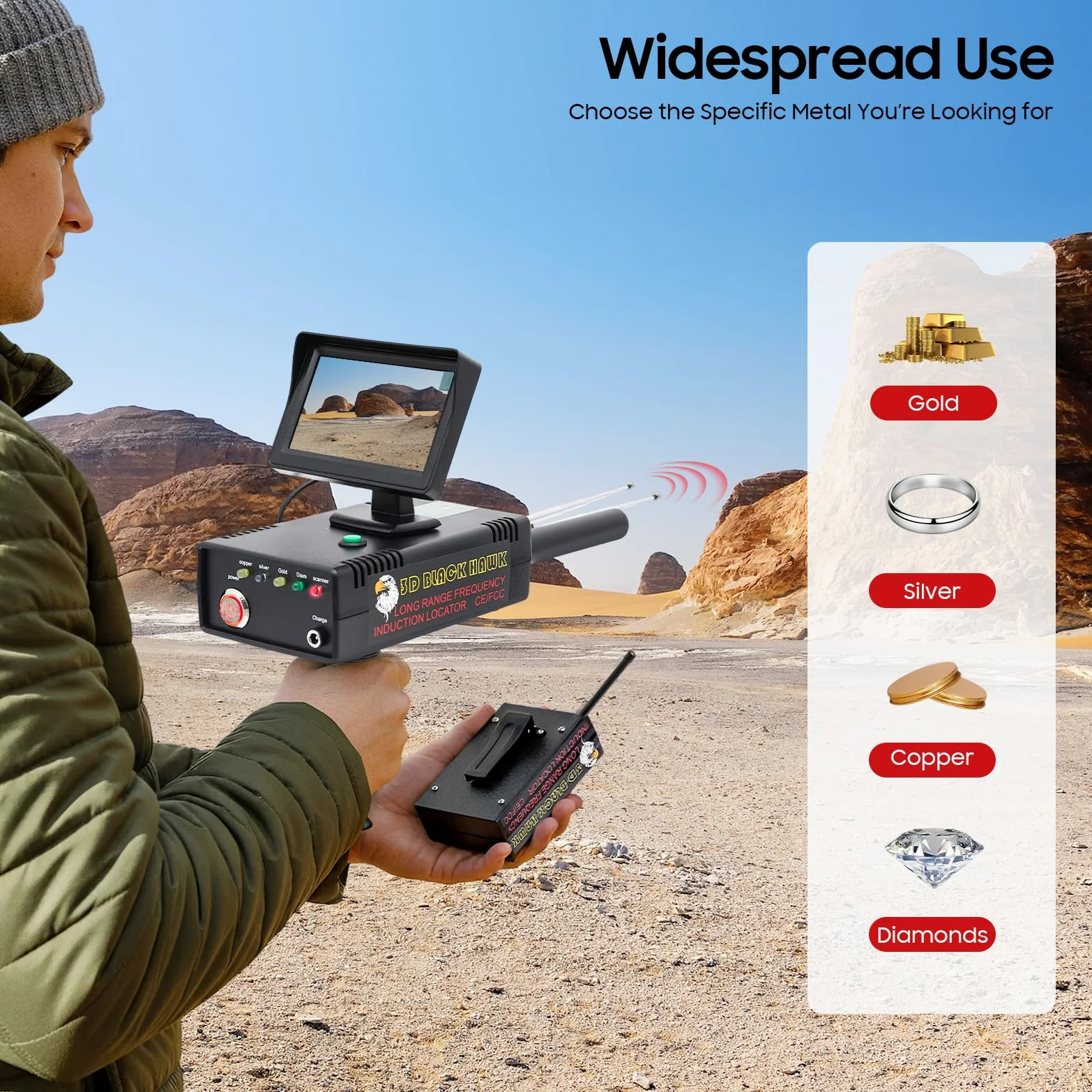 Detector de metales de mano, dorado, 3D, rango de búsqueda 1200 m, profundidad de detección, 30 m, pantalla LED, alta precisión, detector de oro profesional (oro, plata, cobre, diamante)
