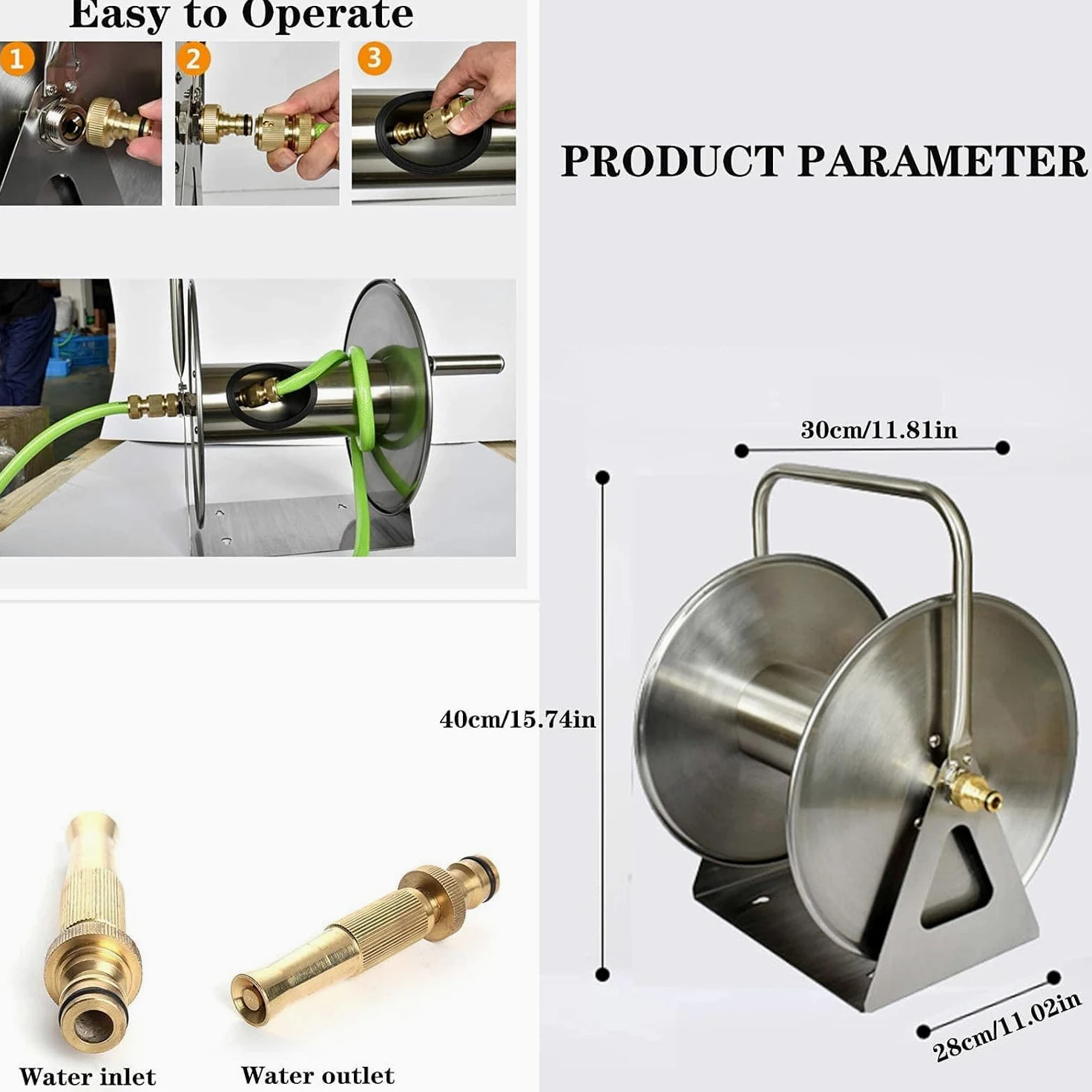 Carrete de Manguera de Acero Inoxidable para Montaje en Pared, Soporte para Manguera de jardín con Estante de Almacenamiento, Carrete de Manguera de Agua de Metal portátil para Montaje en pa