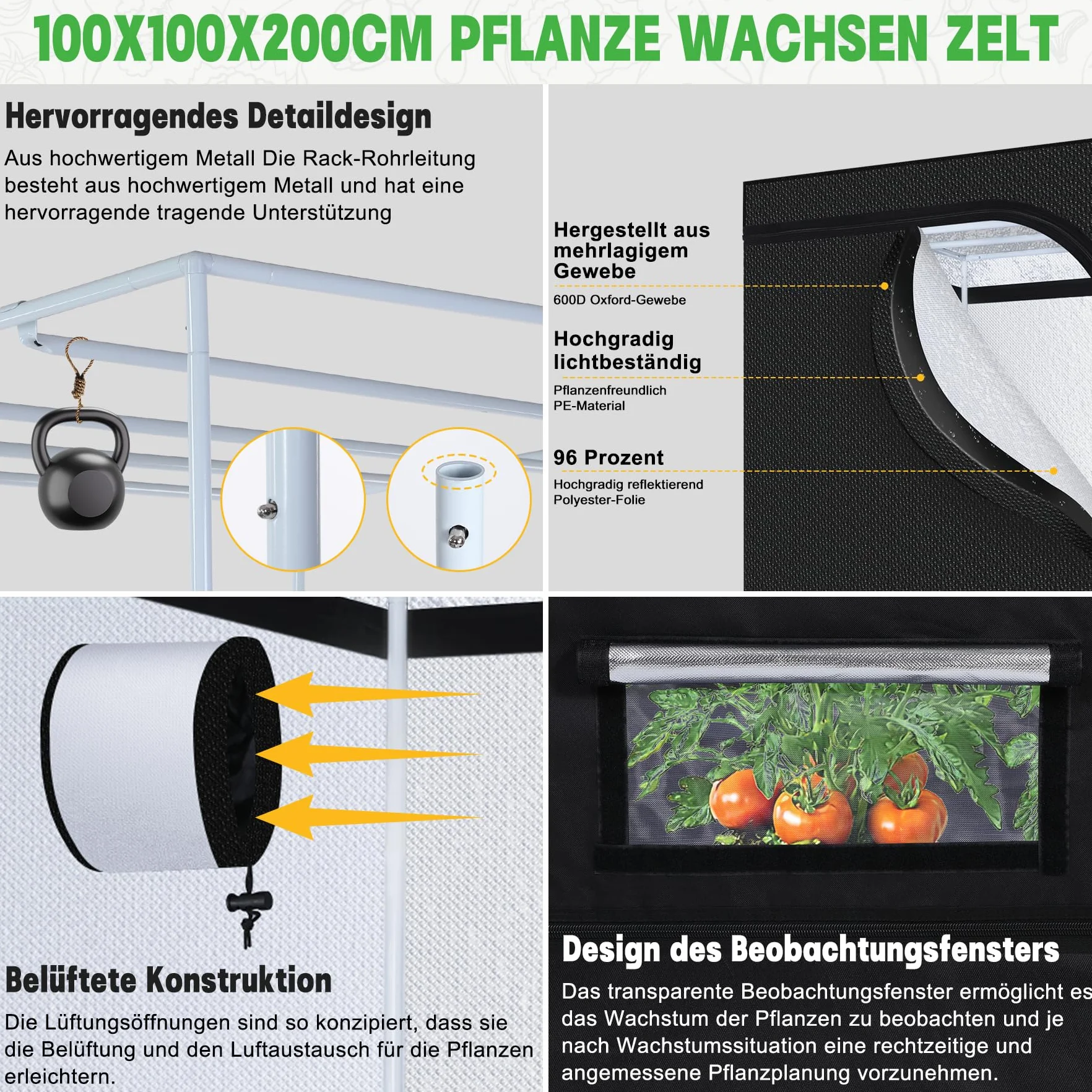 Crecer Carpa Kit Completo, Armario Cultivo Interior, Luz para Plantas, Hidroponia Kit Completo, 600D Lona con termohigrómetro y Temporizador, Apto para Uso Interior y Exterior(100x100x200cm)