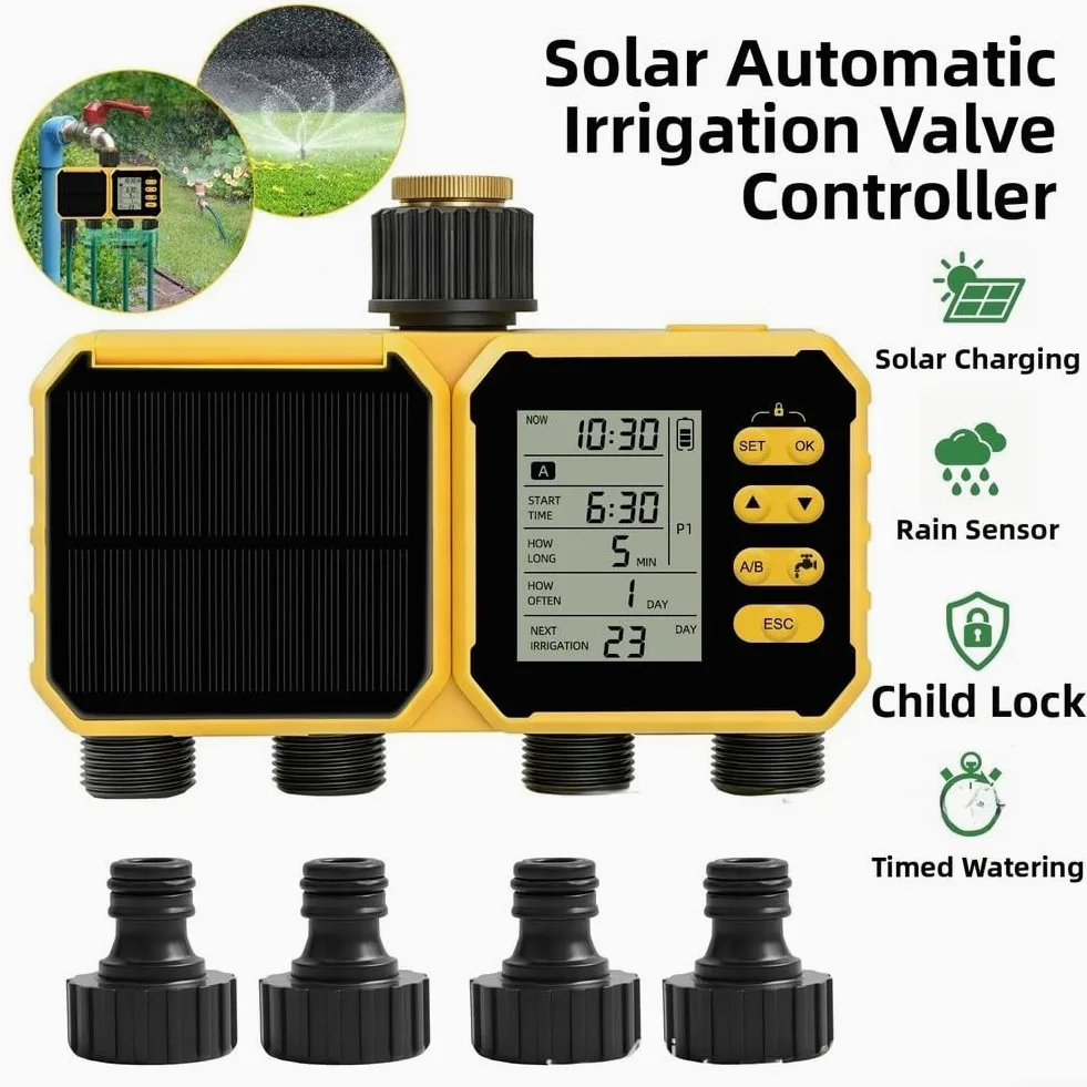 Sistema de riego automático, temporizador de aspersor de 4 canales, alimentado por energía solar, controlador programable de riego de jardín con respaldo USB, temporizador de grifo para exteriores