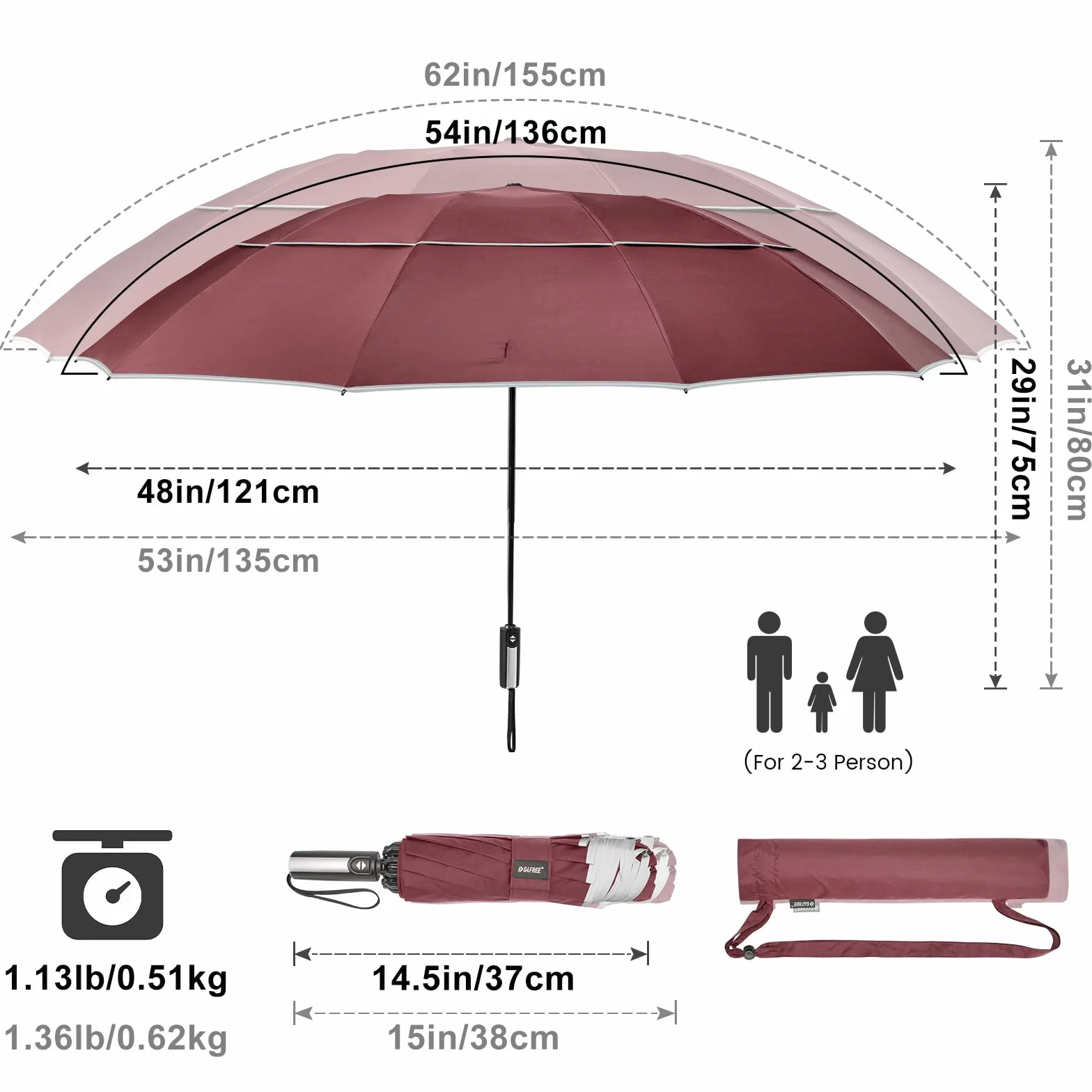 G4Free Paraguas plegable de golf 62 pulgadas rayas reflectantes 10 varillas invertido resistente al viento doble dosel cierre automático