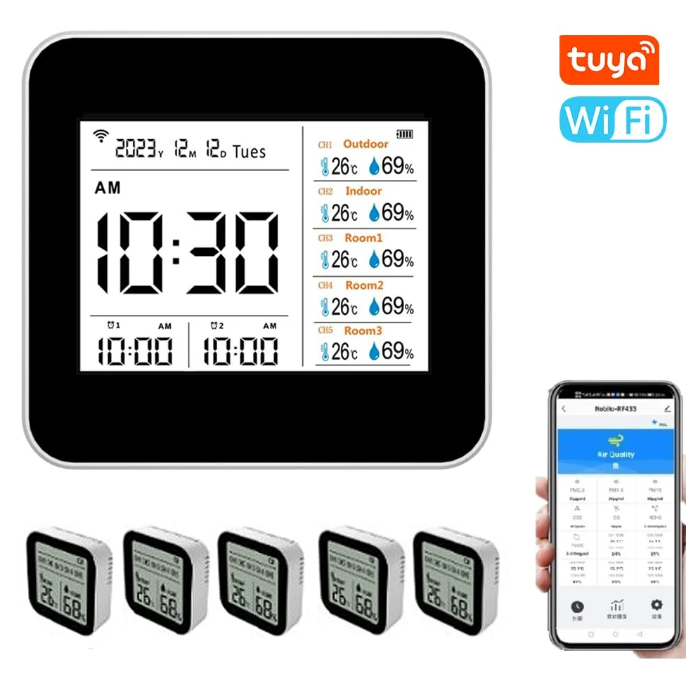 Termómetro Higrómetro Inteligente WIFI para Oficina en Casa, Monitoreo en Tiempo Real Medidor de Humedad de Temperatura 13 1 con Pantalla Hora/alarma, Material ABS Blanco (con 5 subunidades)