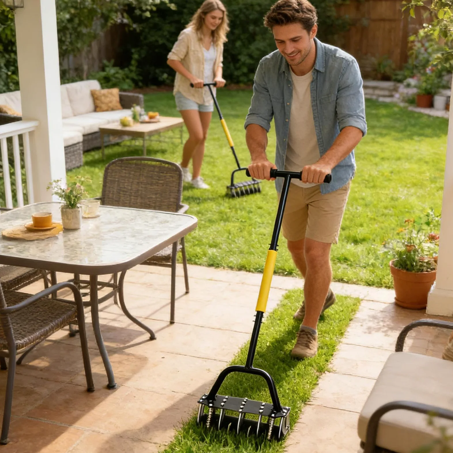 Aireador central para césped Herramienta Manual para Aflojar Suelo | Diseño con resorte, aireador para césped con 17 púas de acero para Mantenimiento de Jardín y Césped