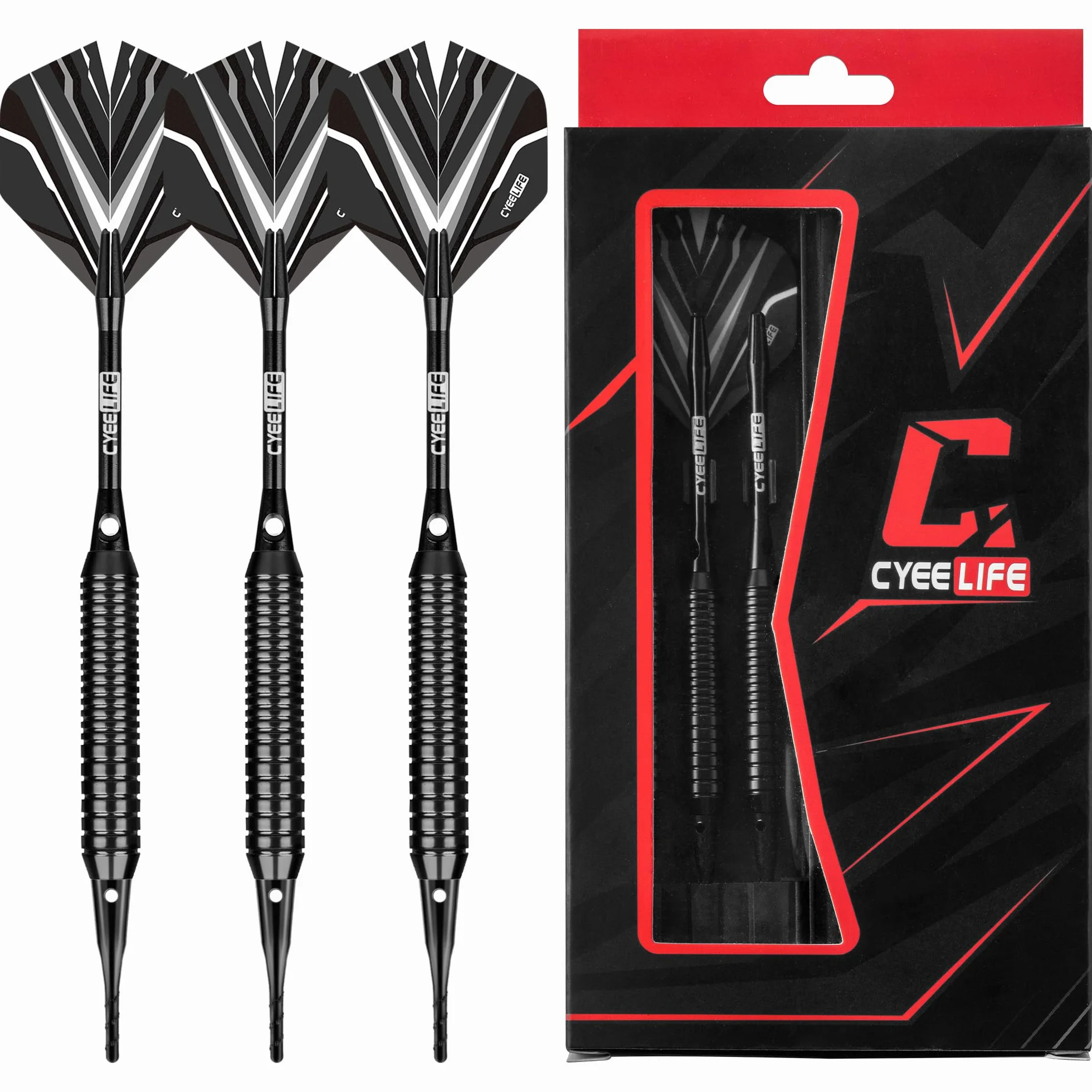 CyeeLife Juego de dardos punta suave cañón latón ejes aluminio PC 6 plumas 30 puntas suaves 20 anillas O 2 protectores plumas