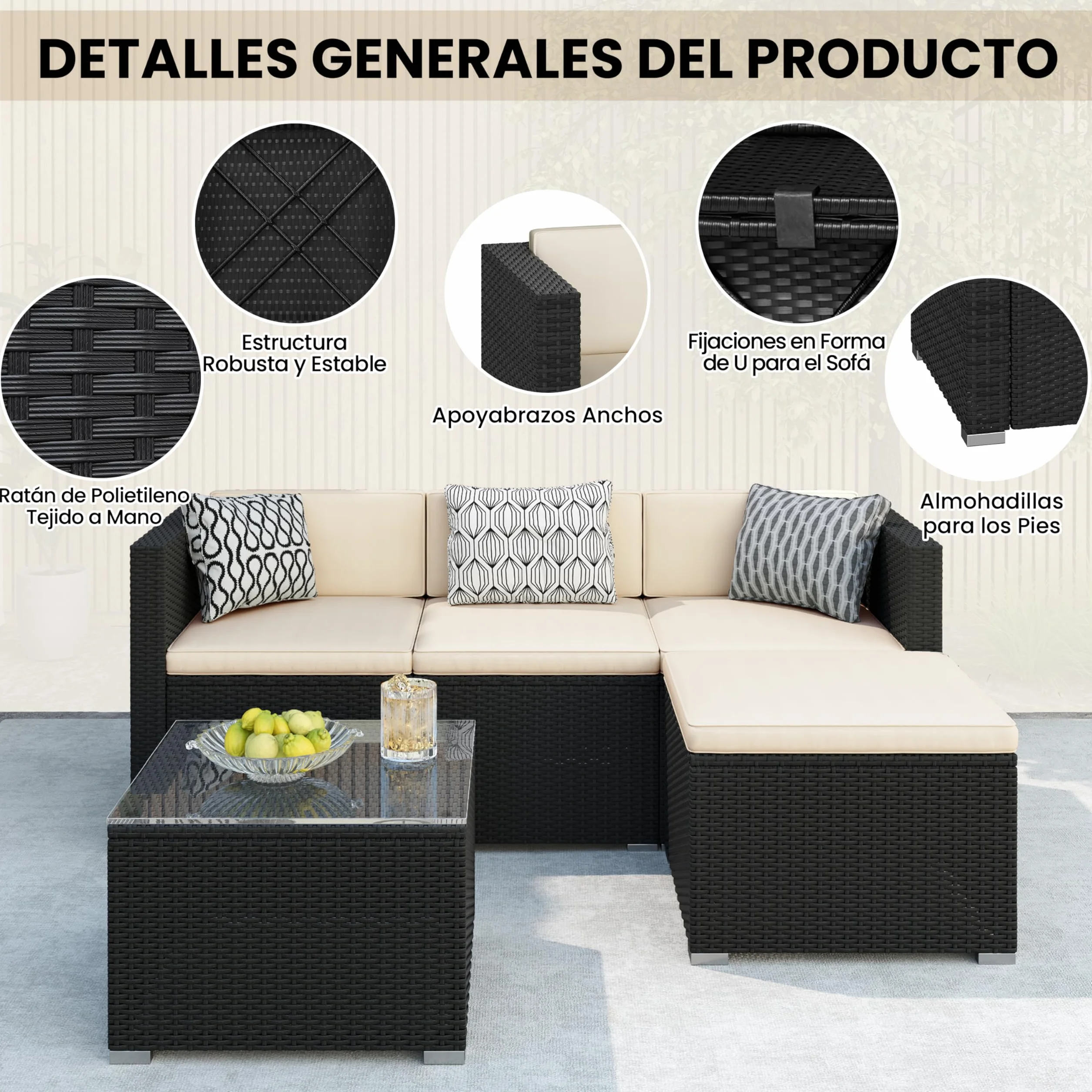 Yaheetech Conjunto de Muebles Ratán de Jardín 5 Piezas con Cojines, 3 Plazas Sofá 1 Taburete y 1 Mesa de Café de Cristal (Negro/Beige)