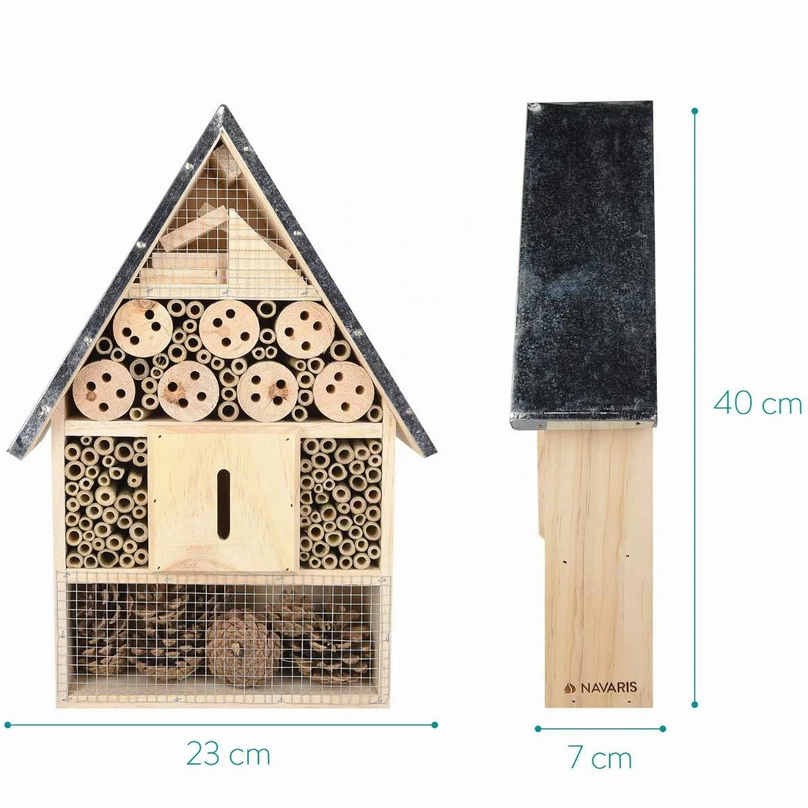 Navaris XL Hotel para Insectos de Madera - observatorio de Insectos 23 x 40 x 7 cm - casa Natural Cubierta metálica y Gancho para Diferentes bichos