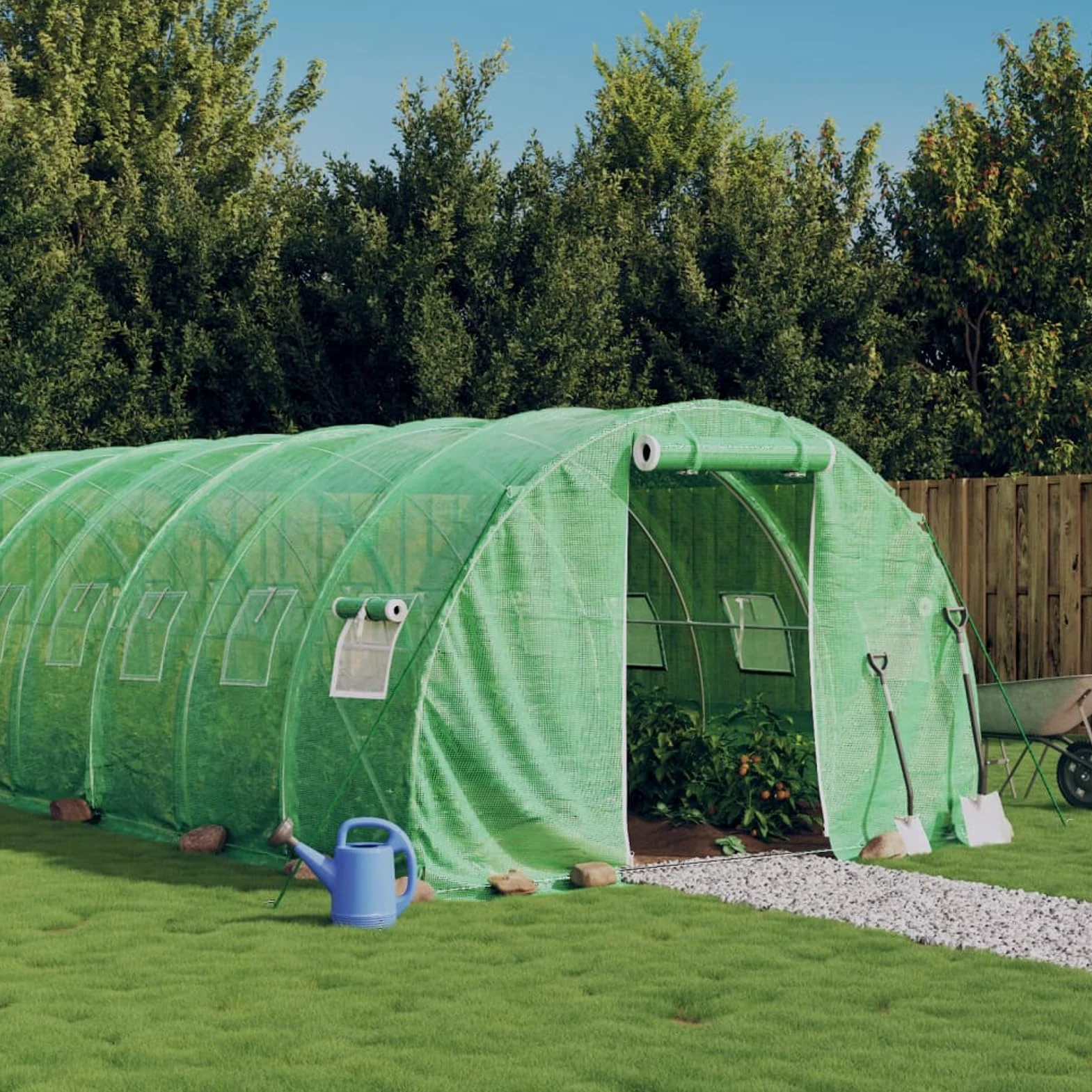Homgoday Invernadero con estructura de acero verde, 30 m², 10 x 3 x 2 m, decoración de muebles, invernadero de jardín, invernadero de balcón, invernadero para huerto, invernadero para plantas