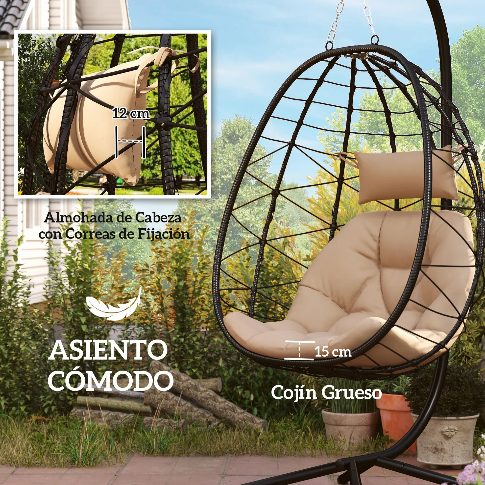 Outsunny Silla Colgante Huevo con Soporte Columpio Jardín Exterior con Cesta Plegable Cojín y Reposacabezas Columpio Colgante para Interior y Exterior Carga 120 kg Caqui