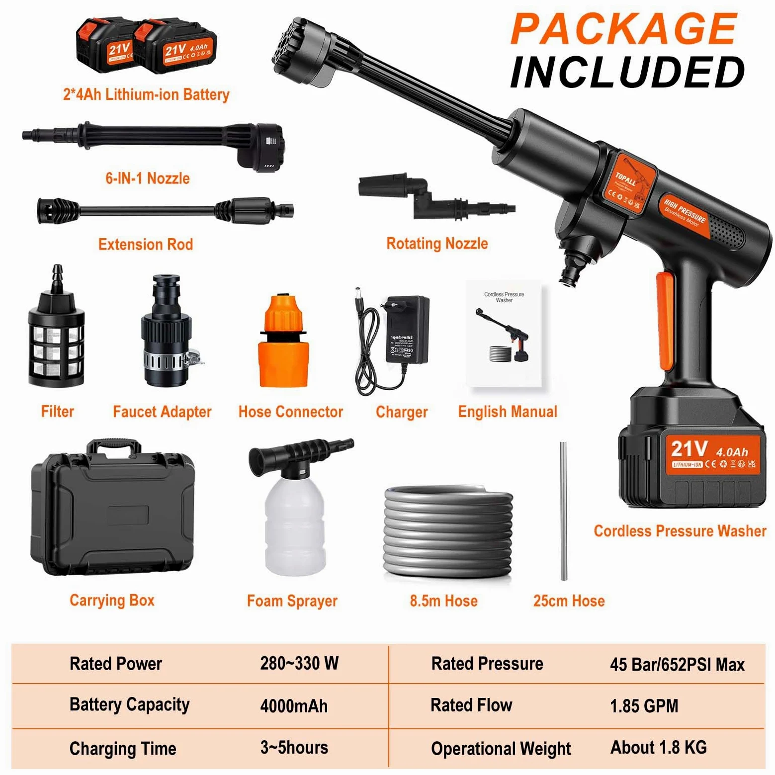 TOPALL Hidrolimpiadora Bateria Portatil,Press & Clean Pistola Lavado,Máximo 45Bar/652PSI,Pistola de Agua a Presión con Batería de 2 * 4.0Ah | Manguera de 8.5M | 6 en 1 Boquilla |Giratoria Boquilla