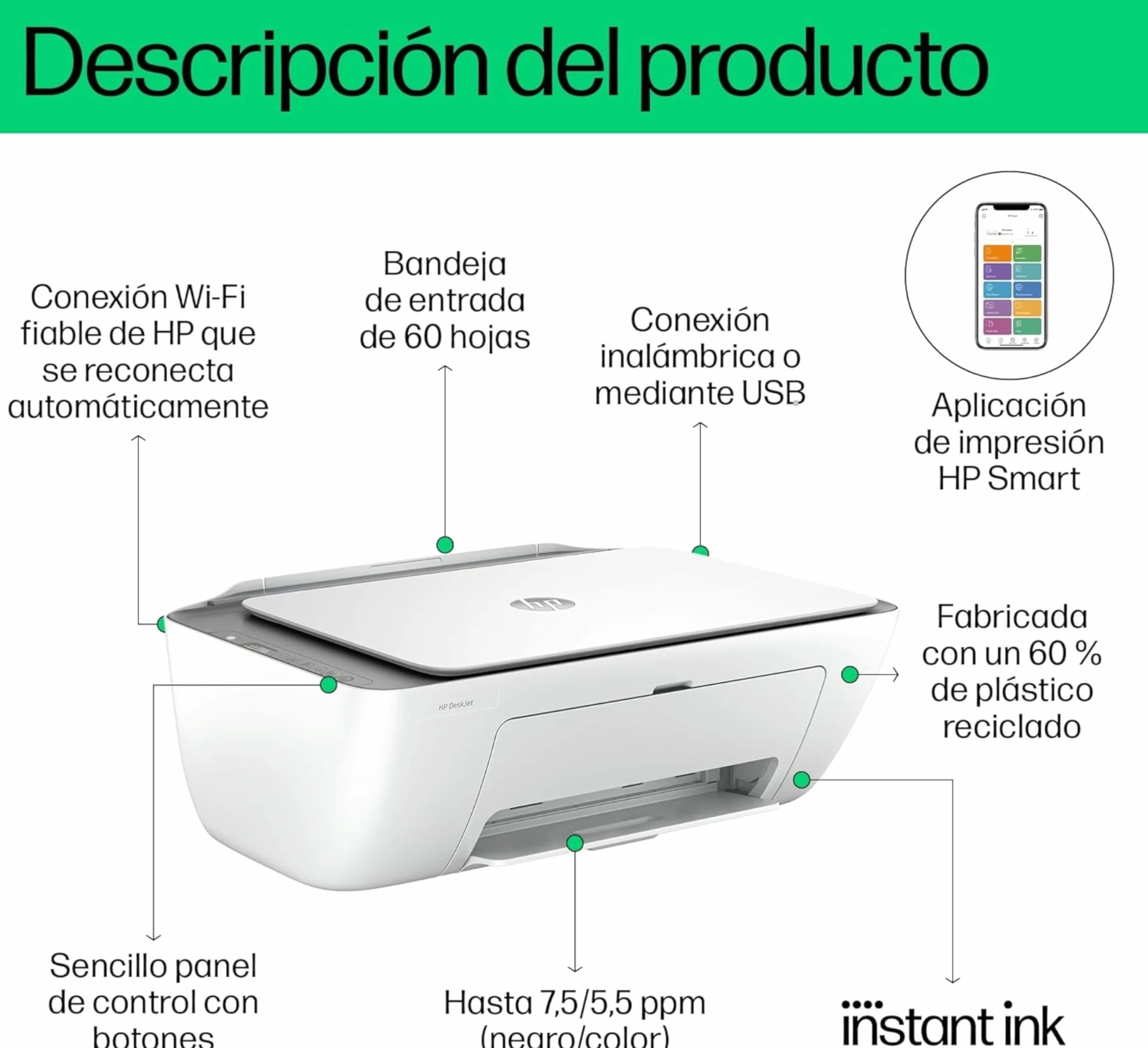 HP DeskJet 2820e Impresora Multifunción de Inyección de Tinta A4 a Color, Impresión a Doble Cara Manual, 7,5 ppm, Wi-Fi, Smart, Blanca