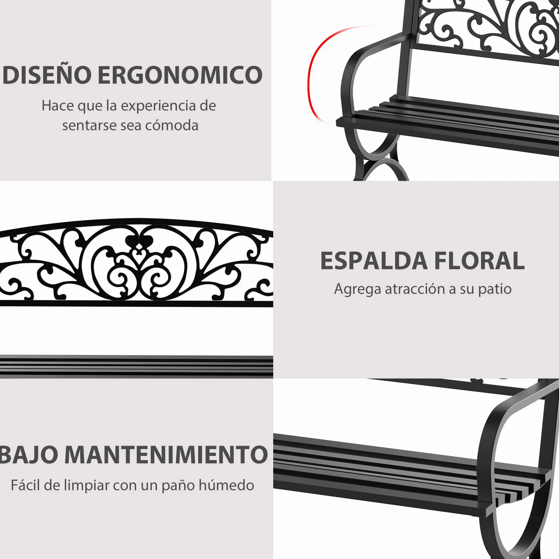 Outsunny Banco de Jardín 2 Plazas Hierro Clásico Patrón Floral 240 kg 127x60x85 cm Negro