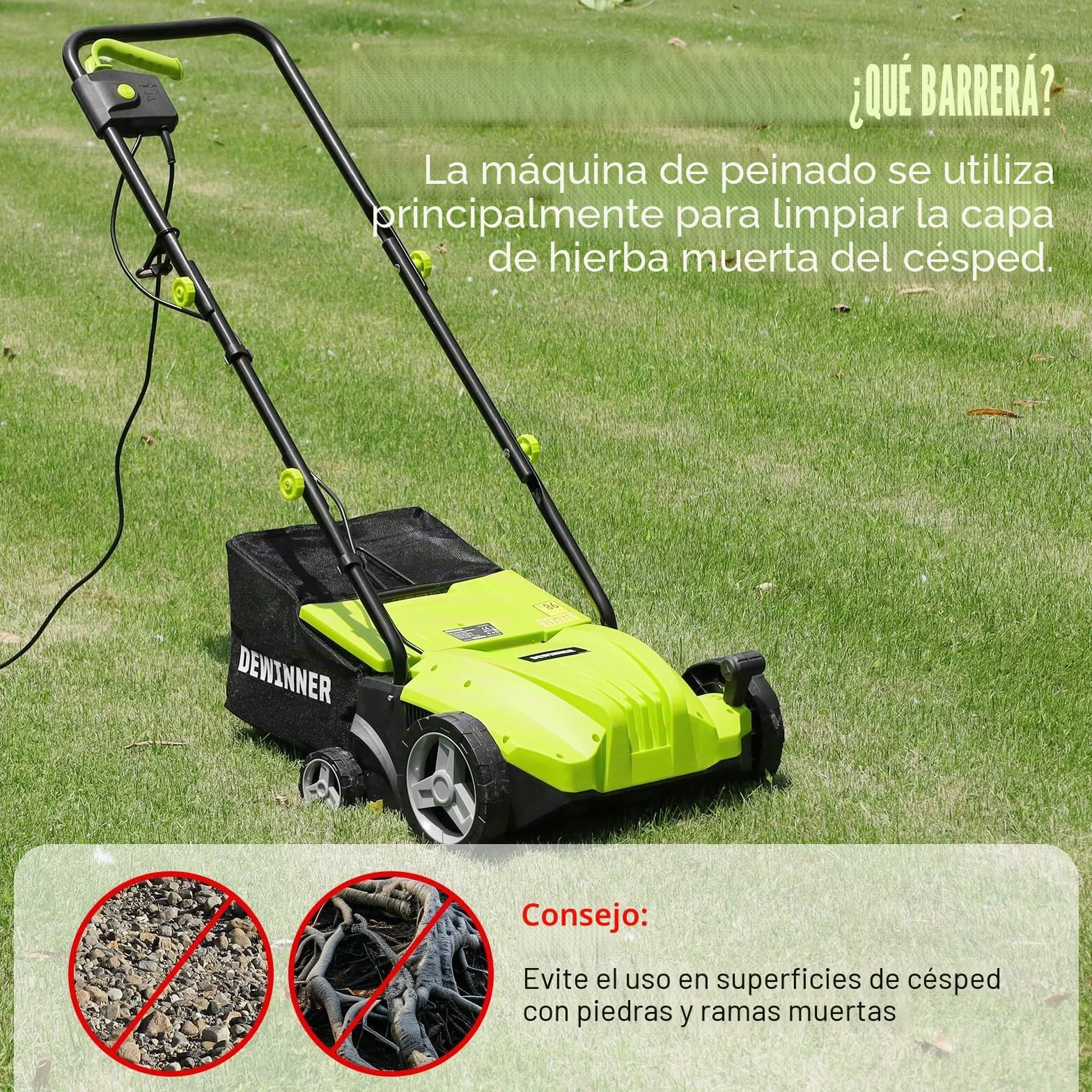 DEWINNER Escarificador eléctrico 2 en 1, aireador de césped 1500W, 32 cm de Ancho de Trabajo, Cesta de Recogida de 30 l, Ajustable en 4 Niveles de -12 Biz + 4 mm