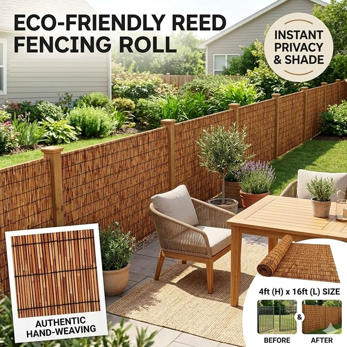 Rollo de Cañizo Ocultación de Caña Natural Ecológico 1.2x5.0m, Valla Jardín Exterior, Cerramiento Bambú Terraza, Protector Visual Resistente(Marrón,1.20mx5.0mx3pack)