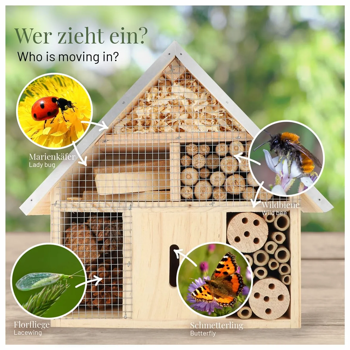 WILDLIFE HOME Hotel de insectos – Natural & resistente a la intemperie, casa de insectos de madera natural para abejas, abejas silvestres, mariquitas y mariposas, hotel de abejas y ayuda para anidar