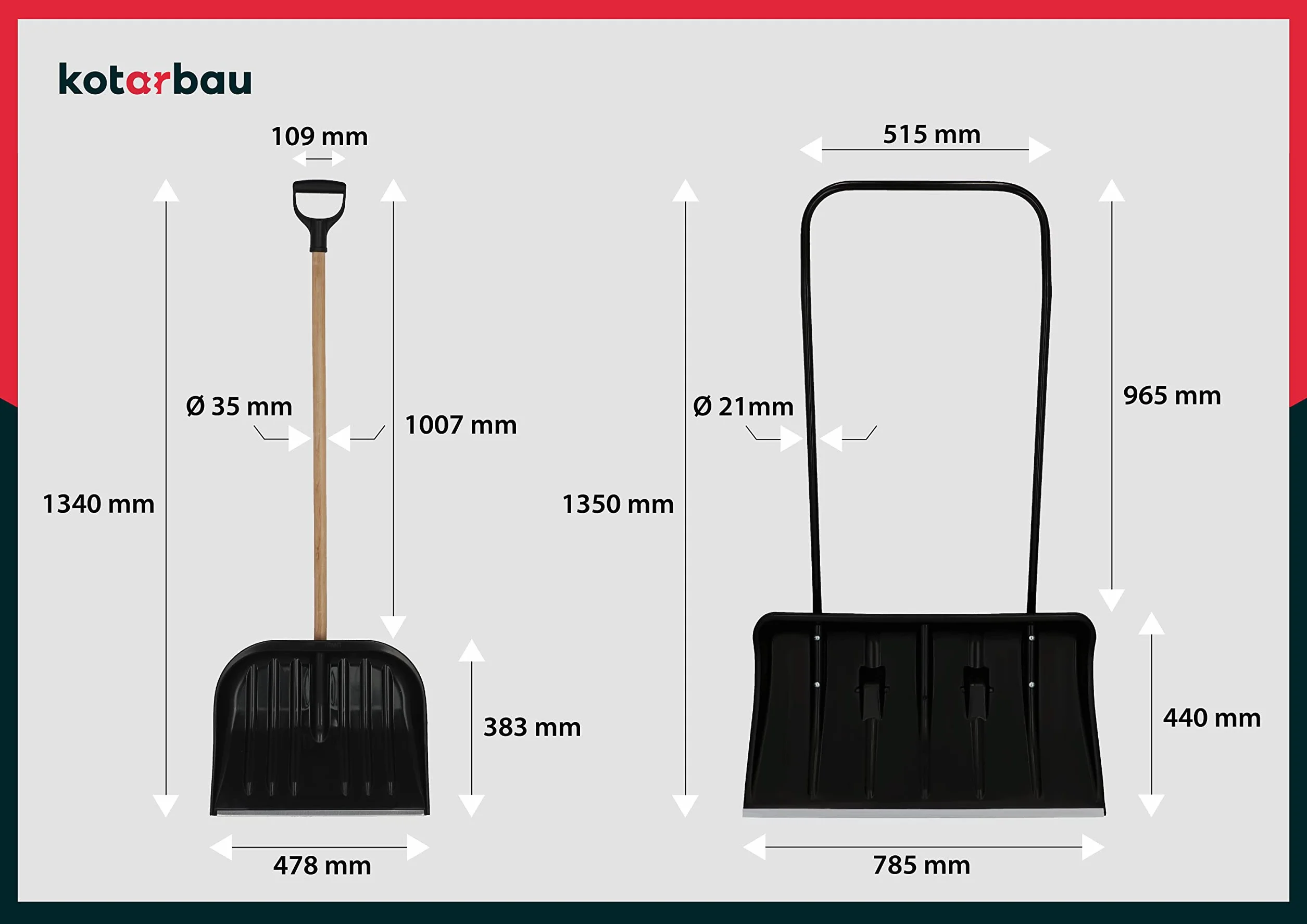 KOTARBAU Juego de Palas quitanieves de 80 cm con Ruedas + Pala de Nieve de 48 cm, cubeta de Nieve con Borde de Aluminio, Pala de Nieve con Mango de Metal, Limpiador de Nieve ecológico
