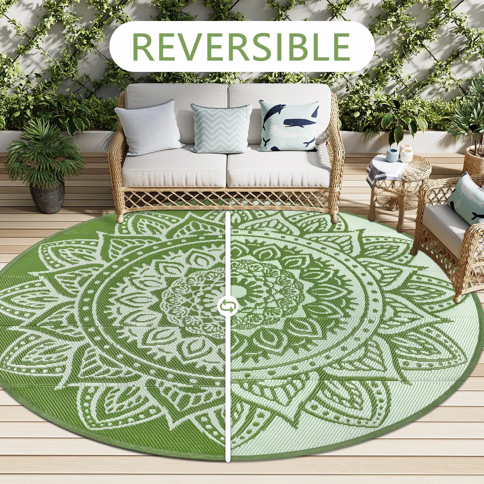 Famibay Alfombra Exterior Impermeable Redondo 180cm Alfombras De Exterior Reversible Plástico Resistente A Los Rayos UV Verde Tapete Terraza Patio Jardin Balcón