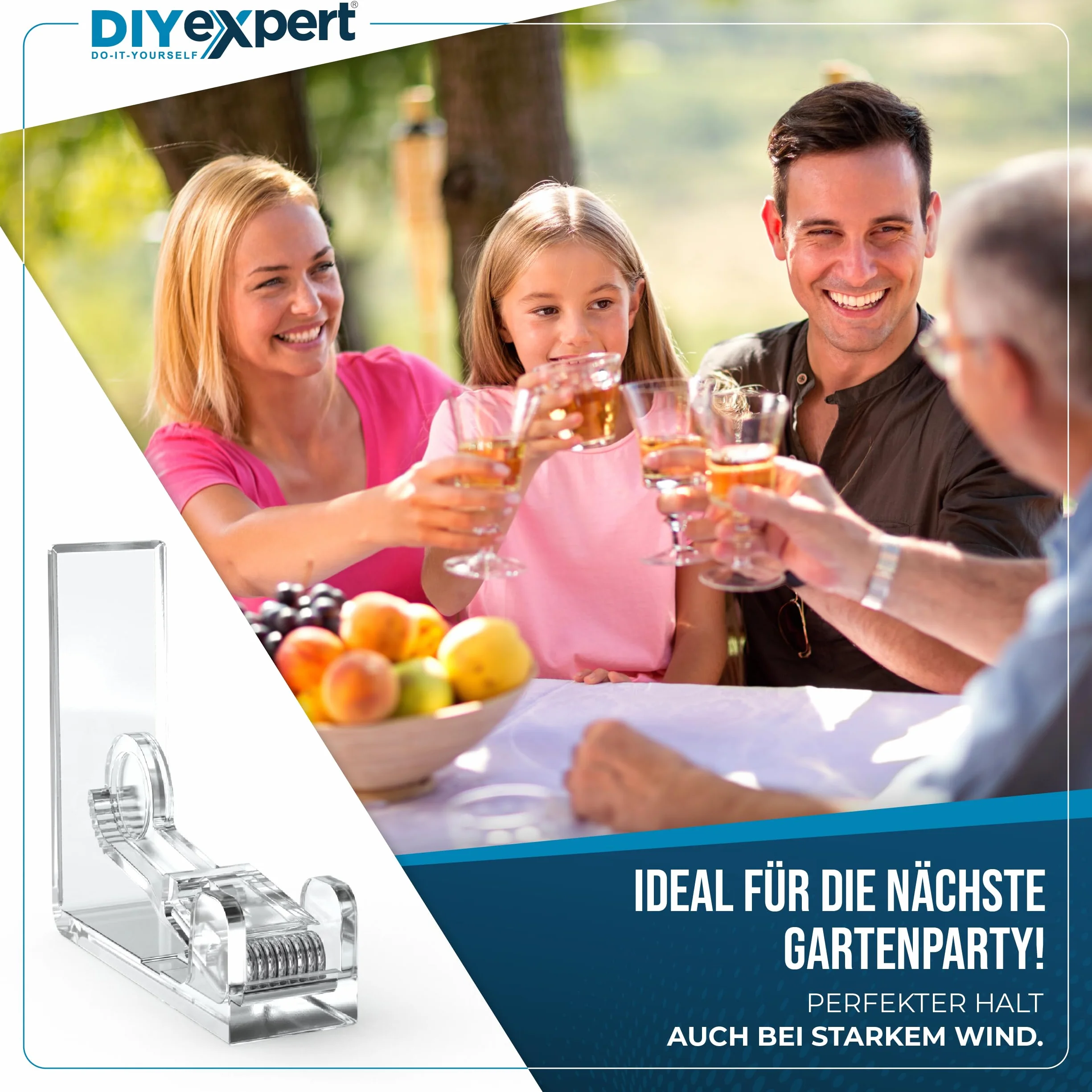 DIYexpert Pinzas para mantel transparentes, fabricadas en Alemania, 8 unidades, resistentes para mesas gruesas de hasta 45 mm, resistentes a la intemperie y antideslizantes, para jardín, balcón e