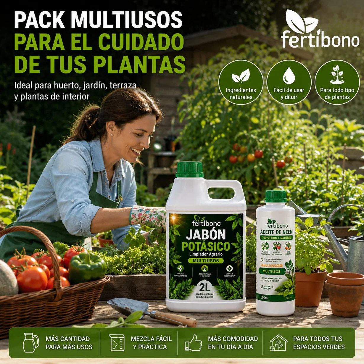 FERTIBONO FLORANIM Multiuso - Jabón Potásico 2L + Aceite de Neem 500 ml para Plantas, Huerto y Jardín - Pack Concentrado para Diluir en Agua y Pulverizar