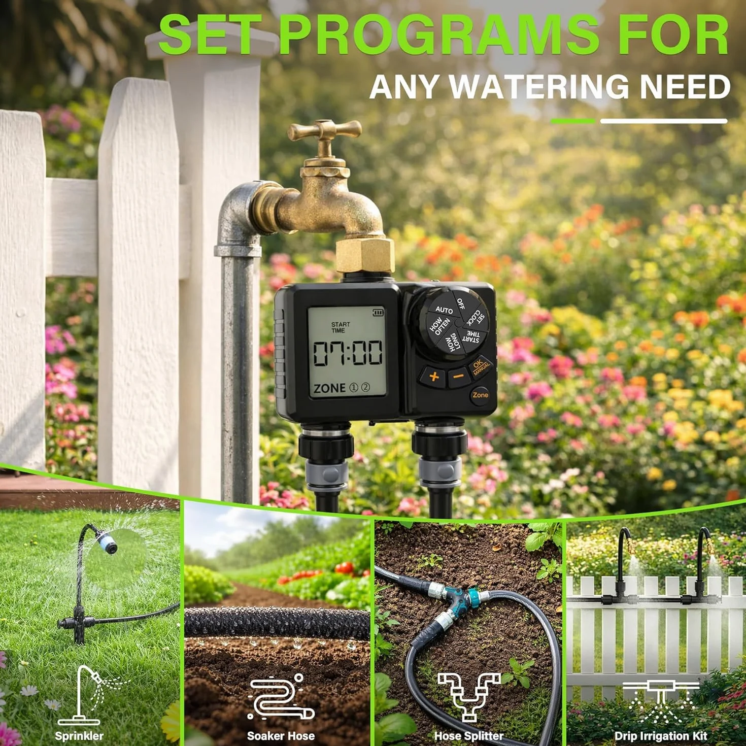 Programador de Riego 2 Salidas, 2000mAh Recargable IPX6 Impermeable Temporizador Riego con Entrada de Latón, LCD 2.8", Retardo por Lluvia, Riego Automático y Manual para Jardín, Patio, Césped
