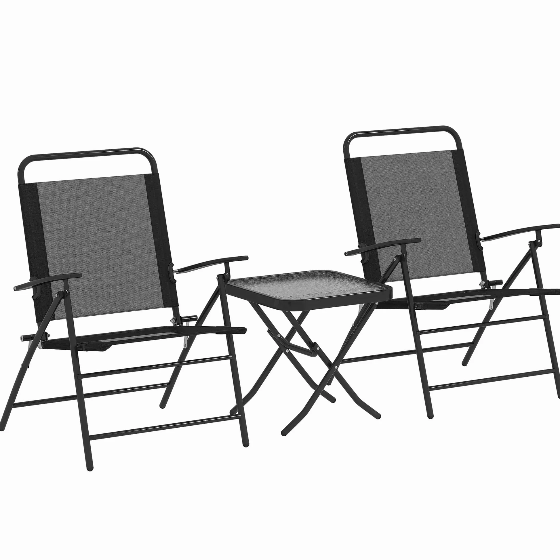 Outsunny Conjunto de Mesa y Sillas de Terraza Exterior de 3 Piezas Muebles de Jardín Exterior Plegables con Respaldo Regulable Tablero de Vidrio y Estructura de Acero Negro