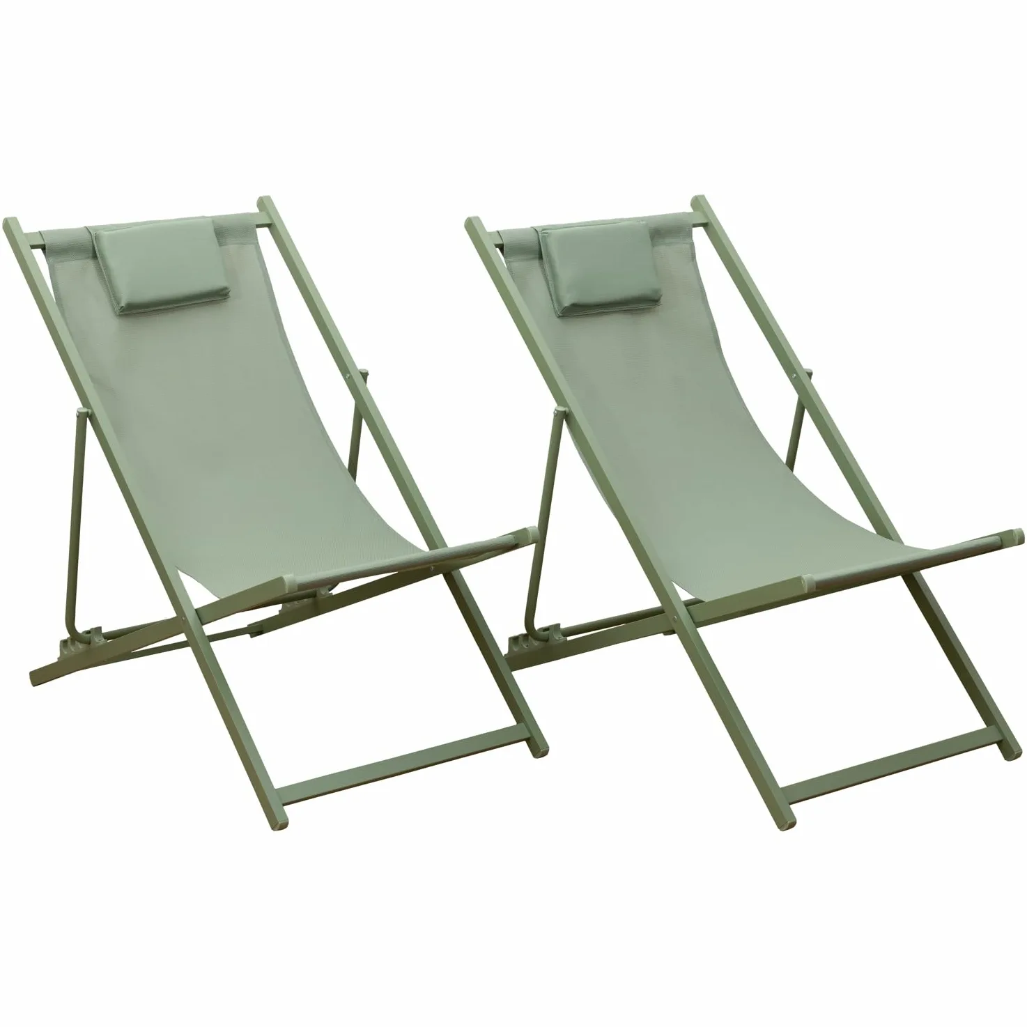Lote de 2 sillas CYPRUS de textilene y estructura de aluminio verde salvia Equipadas con cojines reposacabezas para mayor comodidad y relajación Ideales para el jardín, la terraza y el patio.