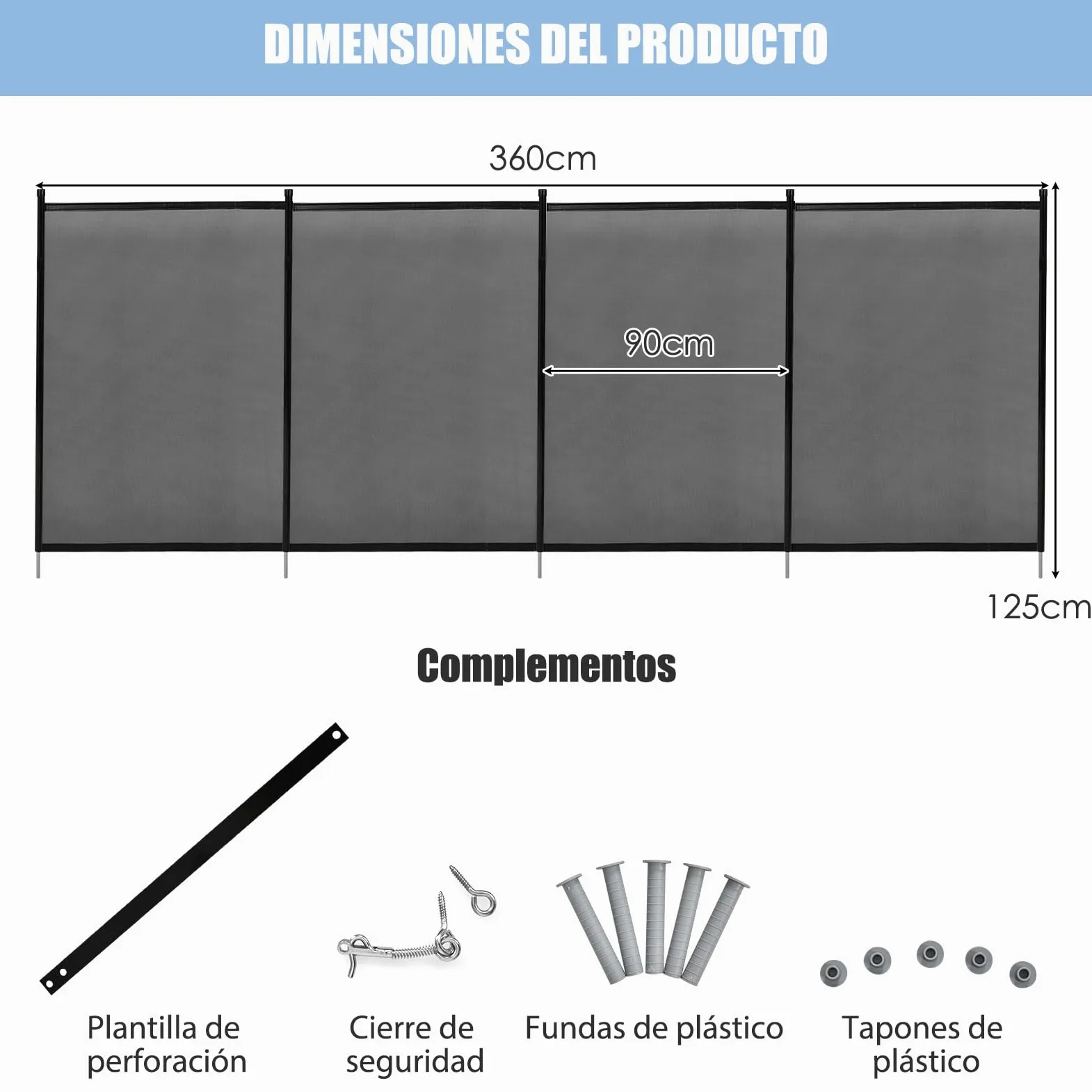SOARS 360 x 125 cm Valla de Seguridad para Piscinas, Valla de protección de piscina de 4 piezas plegable, con pies de acero inoxidable & plantilla para taladrar, Protección para Niños y Mascotas