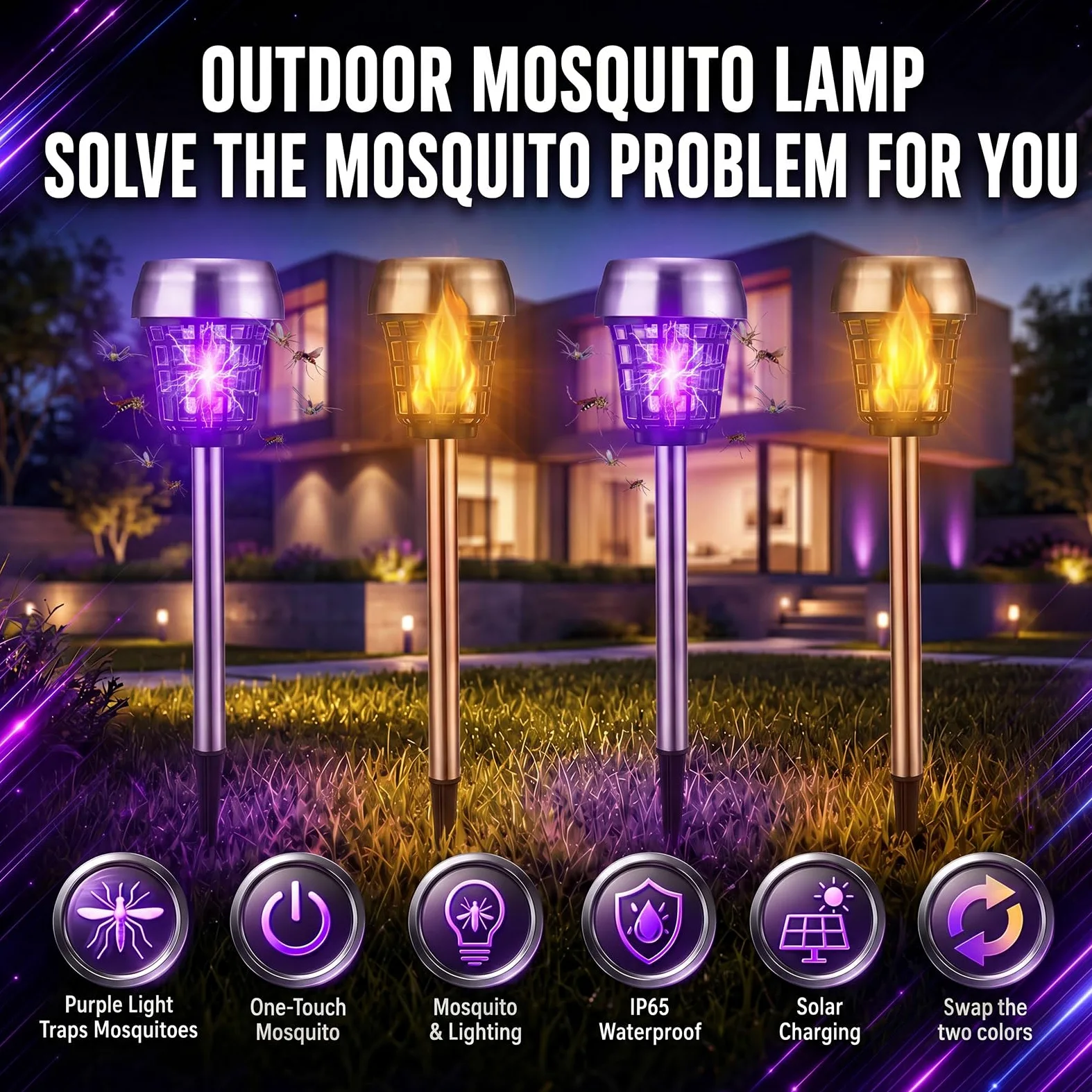 Qualirey 12 piezas de matamosquitos solar para exteriores, impermeables, matamosquitos con energía solar, lámpara repelente de mosquitos para patio, jardín, insectos (púrpura/luz de llama, acero