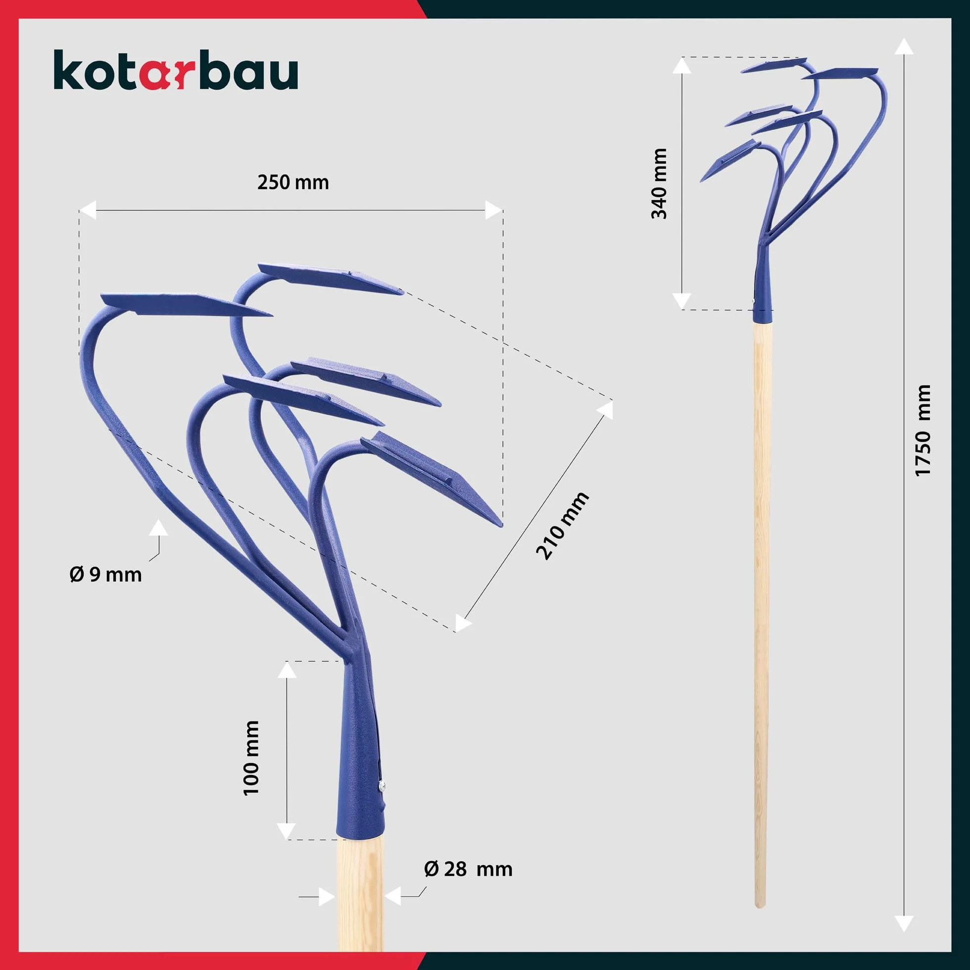 KOTARBAU® Cultivador para jardín 175 cm, Aireador manual 5 dientes curvos, Mango de madera, Herramienta de jardinería para mullir y airear la tierra, Garra de jardín para aflojar la tierra, Extirpador