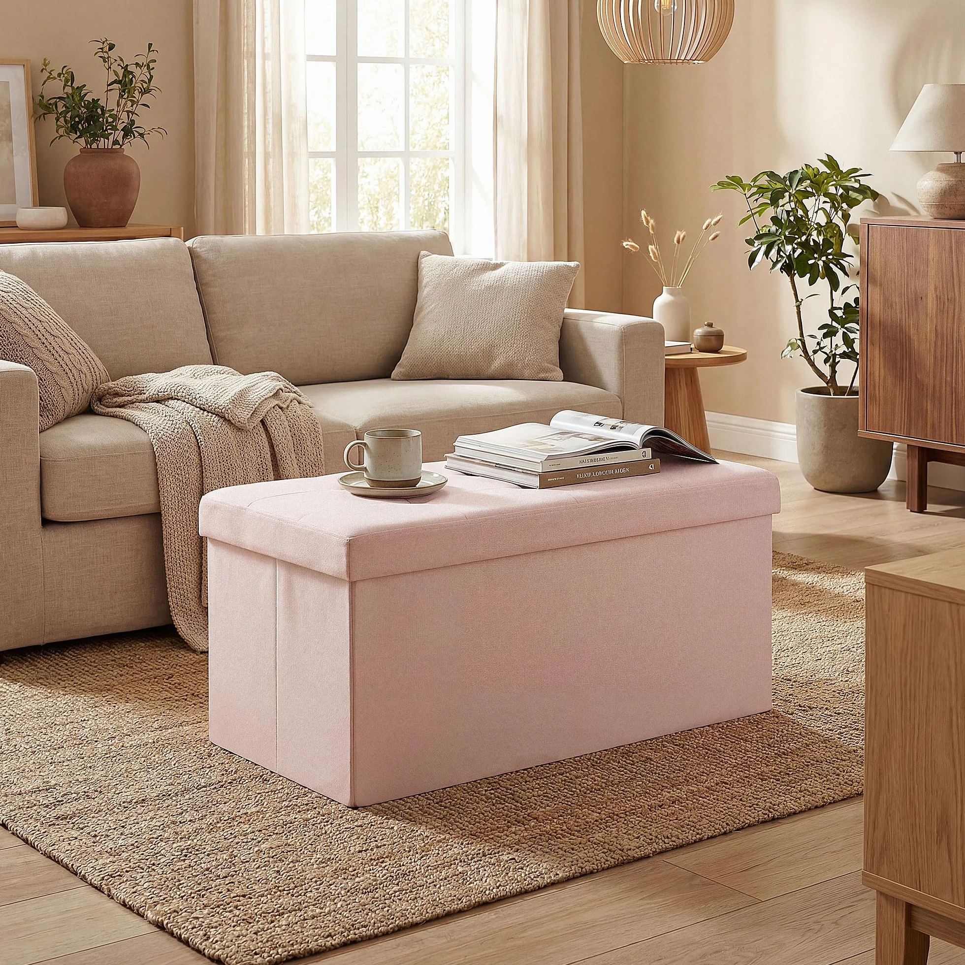 HOMCOM Puff Almacenaje, Banco Almacenaje Plegable, 84 L, 76x38x38 cm, Tapizado en Lino Sintético, Baúl de Almacenamiento, Carga 120 kg, Taburete para Sala de Estar, Dormitorio, Entrada, Rosa