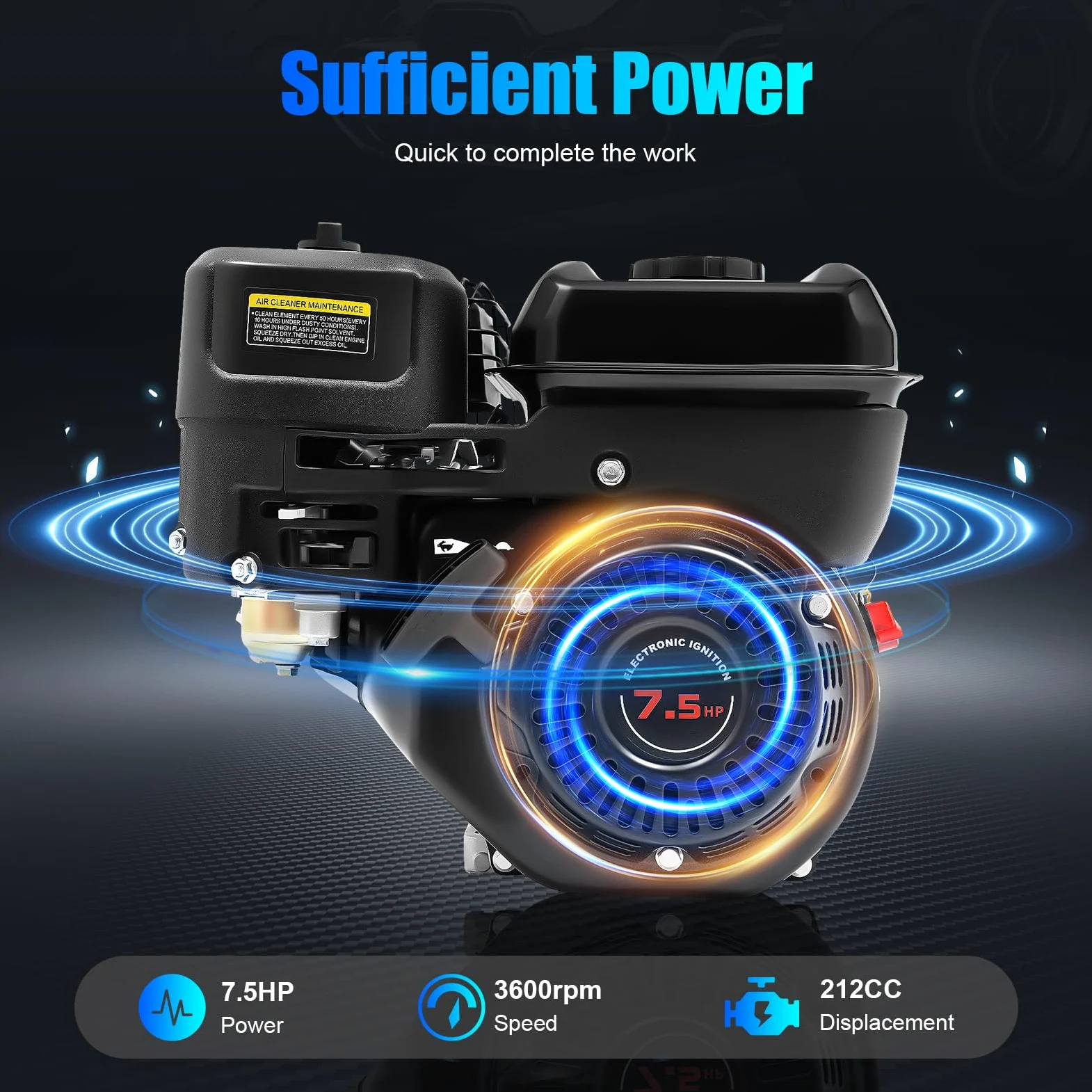 SHZICMY Motor de gasolina, 7,5 CV, 5,1 kW, motor estacionario, motor de 4 tiempos, motor industrial de repuesto, motor de refrigeración por aire de 210 ml