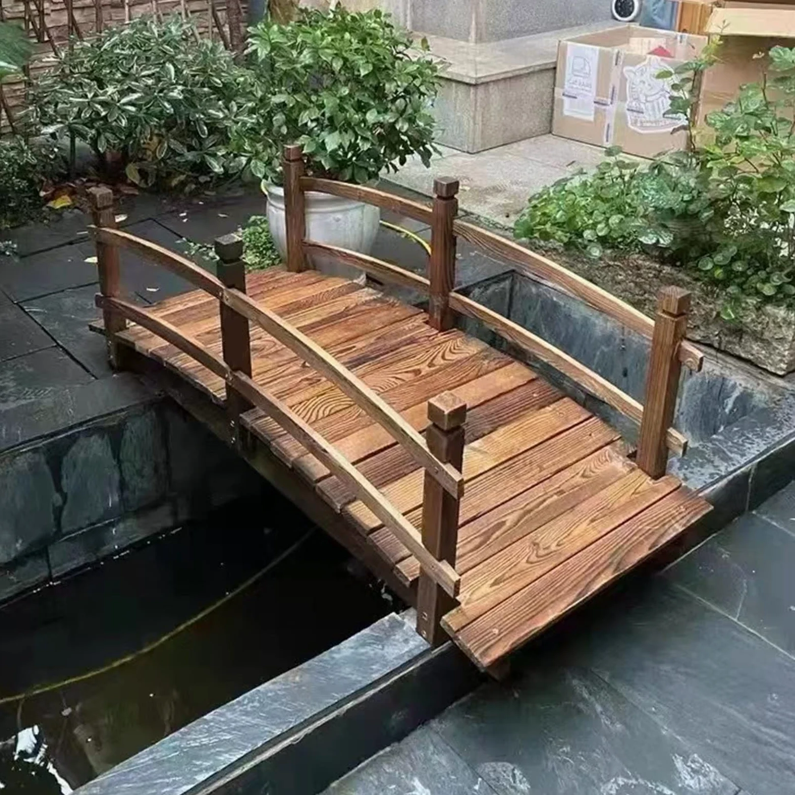 Puente del Jardín Pequeños Puentes de Jardín para Exteriores de 4,6 Pies, Puente de Estanque de Madera Retro para La Decoración del Jardín del Patio Trasero del Hogar, Pasarela Arch Farm con Barandill