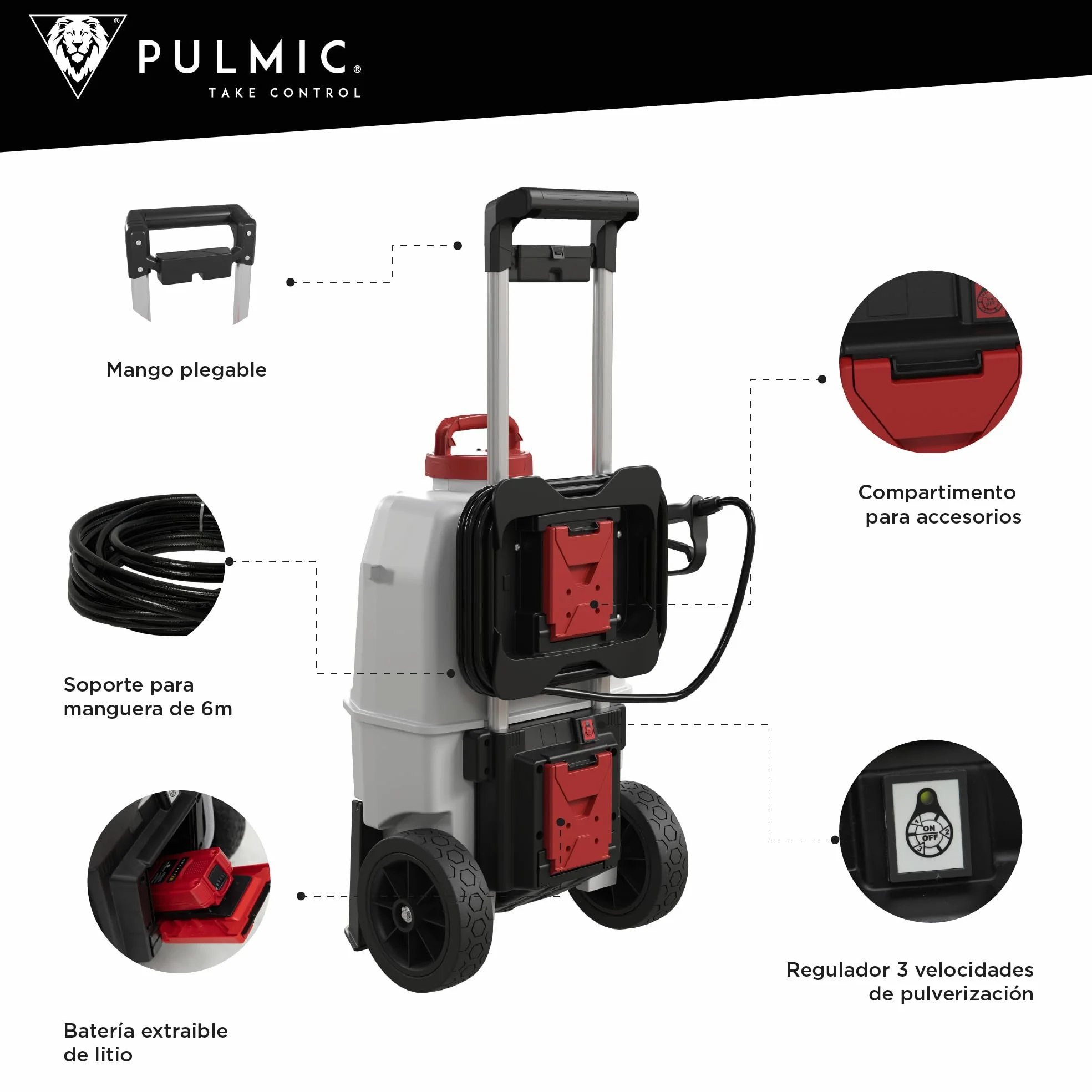 Pulmic Pulverizador a Presión Eléctrico Industrial 35L, 2 Baterías Litio 18V, 7 Bares, 3 Velocidades, Manguera 6M, Boquillas Rápidas, Pulverizador Químicos, Limpieza Tejados, Fachadas y Superficies