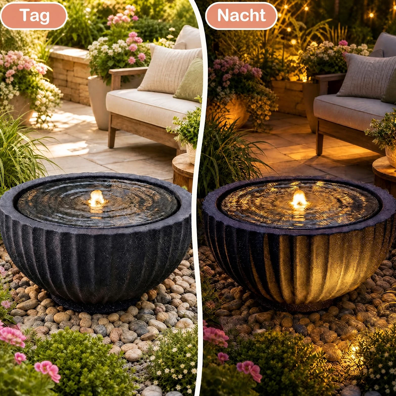 GYMAX Fuente de Jardín Redonda,Fuente Decorativa | Fuente de Agua con Iluminación LED, Bomba Ajustable y Resina Resistente para Salón, Patio y Terraza, 45 x 23,5 cm