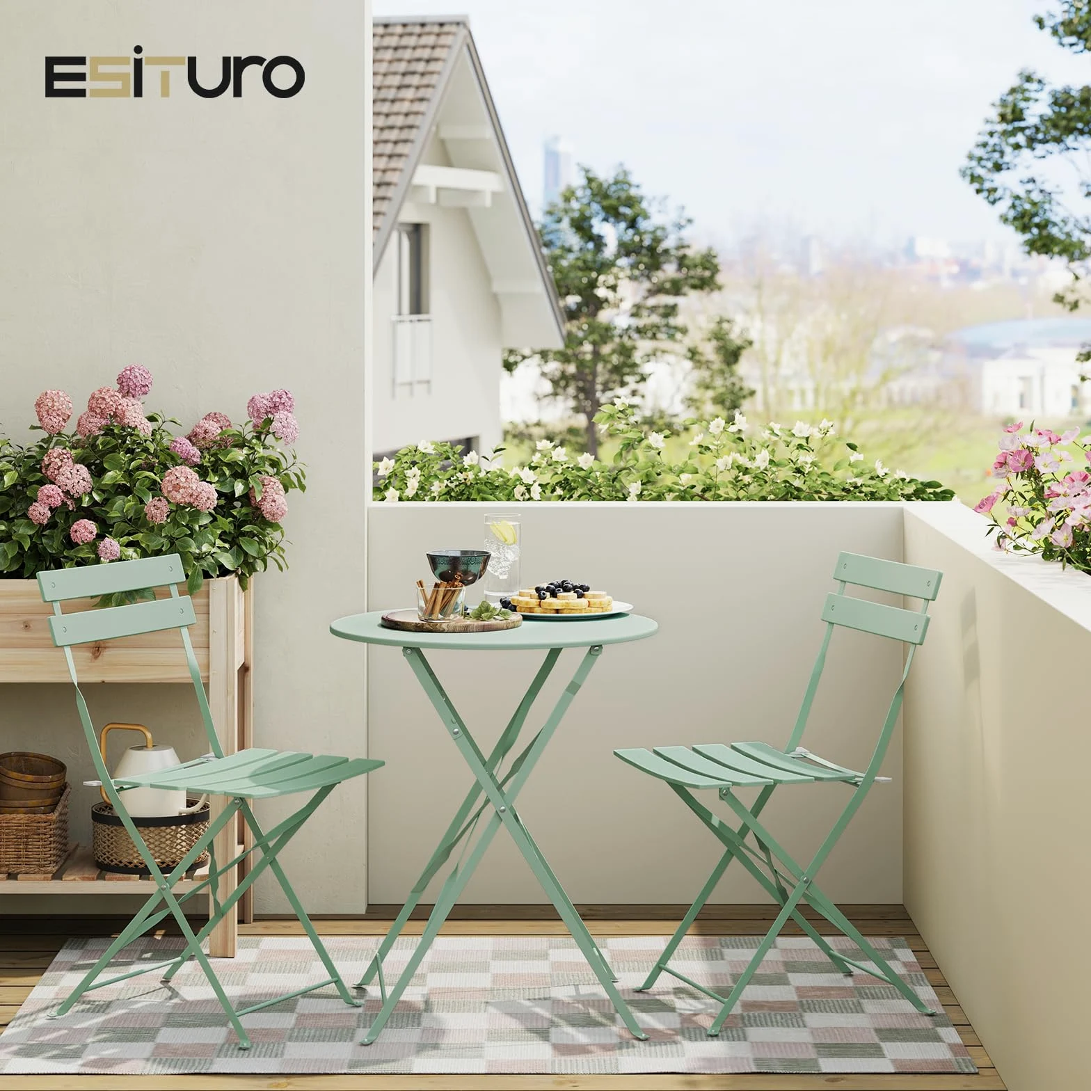 eSituro Conjunto Muebles Jardín, Mesa y 2 Sillas Plegables de Terraza, Muebles para Bistró, Balcón, Patio y Exterior, Metal Resistente, Verde