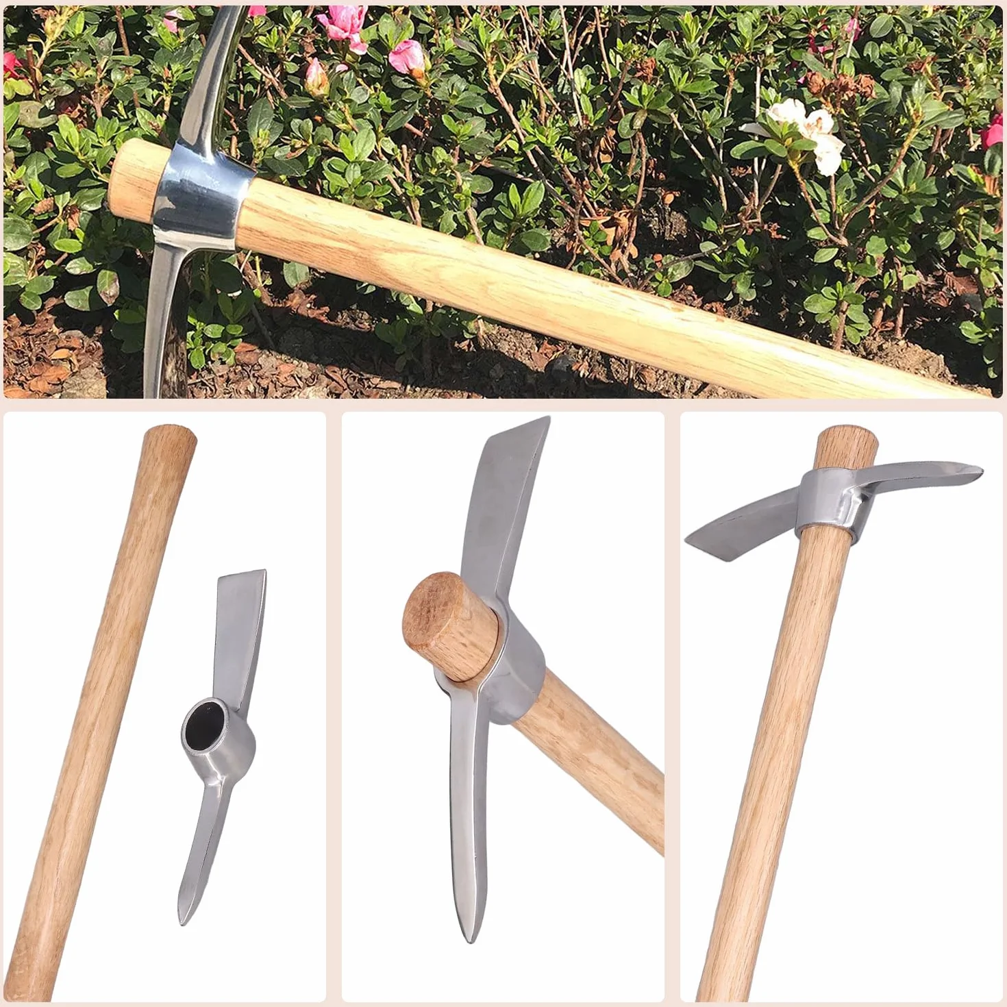 Tissting Pico de Jardín de 40cm/15,7in, Azada de Pico de Acero Inoxidable Resistente y Duradera, Herramientas de Azada de Jardinería Agrícola con Mango de Madera