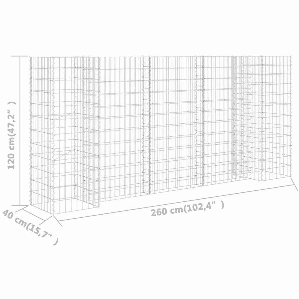 Macetero para gaviones de 260 x 40 x 120 cm, cesta de alambre de acero estable para bancal elevado y parterre, rejilla de malla soldada inoxidable, fácil de montar