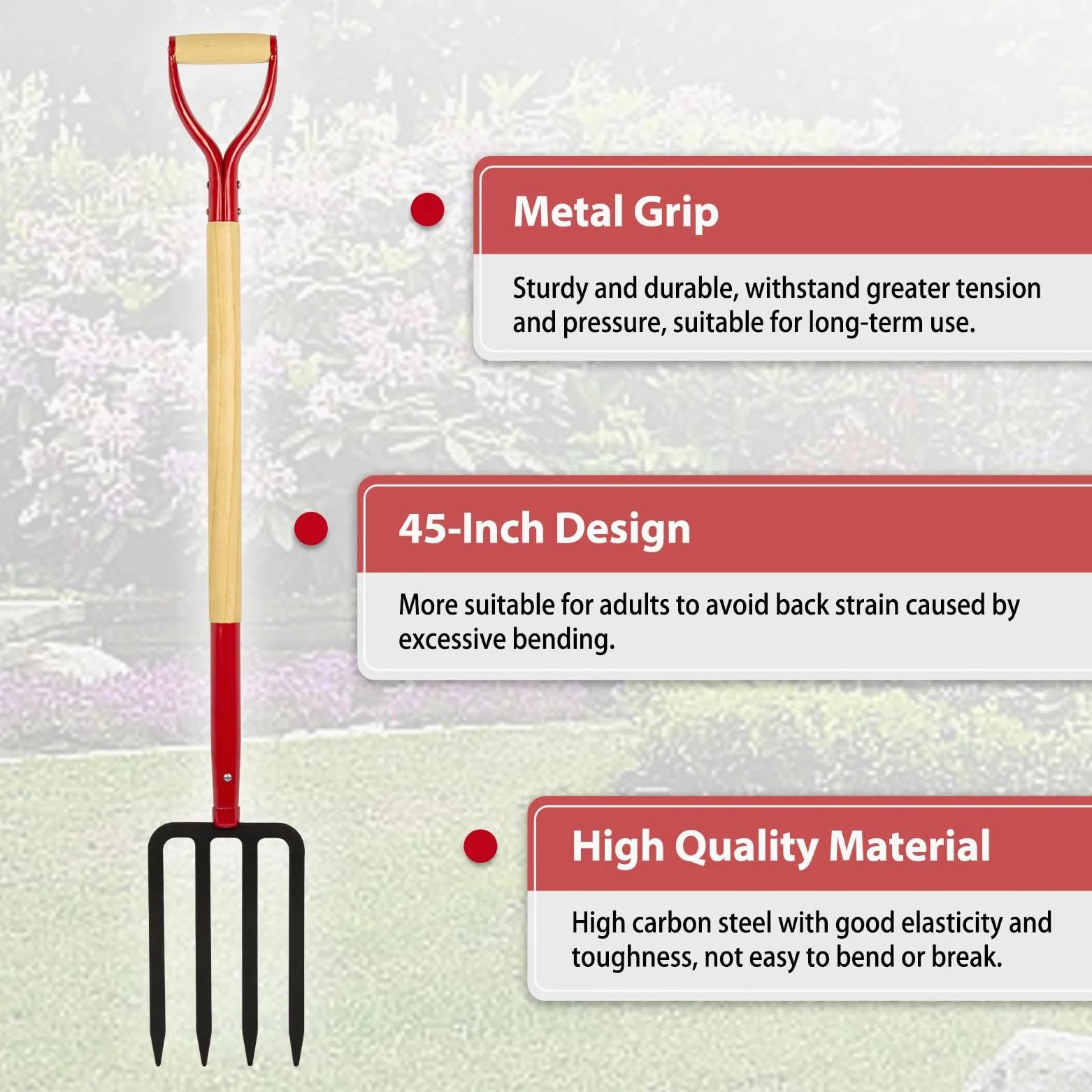 Tenedor de jardín resistente para excavar, tenedor de paso de 4 dientes para abono de jardinería, tenedor de jardín con mango de madera, 45 pulgadas