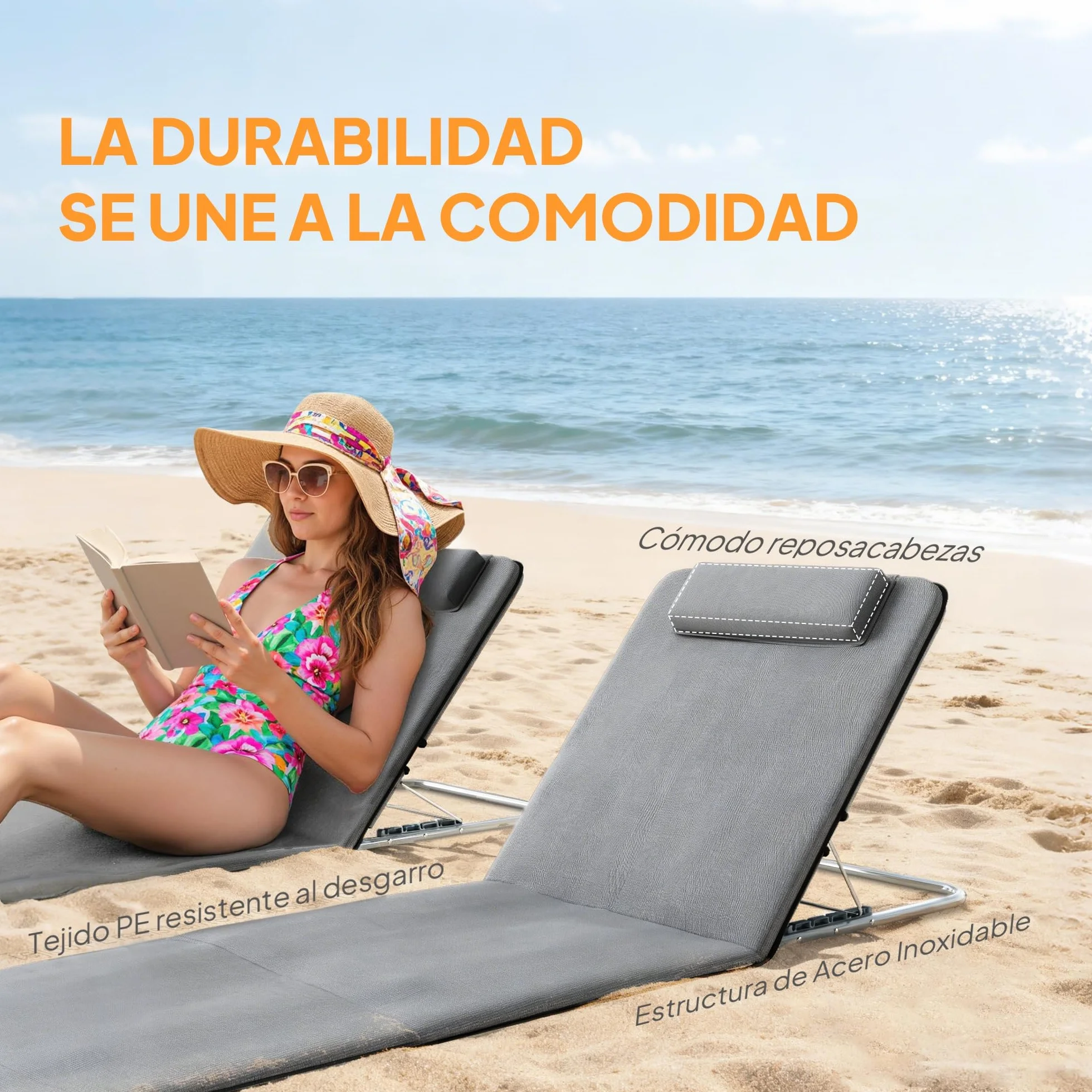 Outsunny Conjunto de 2 Esterillas de Playa Plegable Esterillas con Respaldo Reclinable en 5 Niveles Reposacabezas y Bolsa de Transporte 134x48x33-43 cm Gris