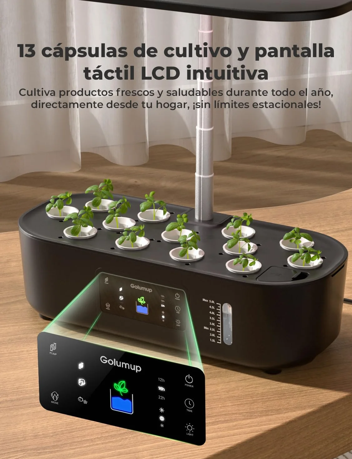 Sistema de Cultivo Hidropónico Kit de Cultivo Interior con Iluminación LED Automática, Huerto Interior con Temporizador Automático, Altura Ajustable (13 Vainas)