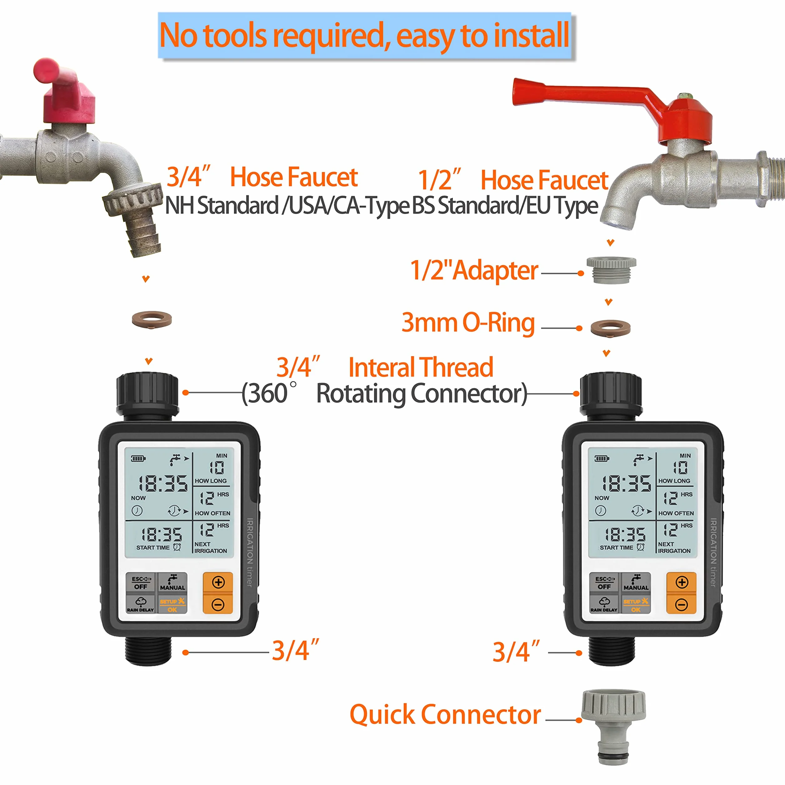 CROSOFMI Programador Riego Jardin Temporizador de Riego Automatico Control Pantalla Grande de 3 Pulgadas Naranja