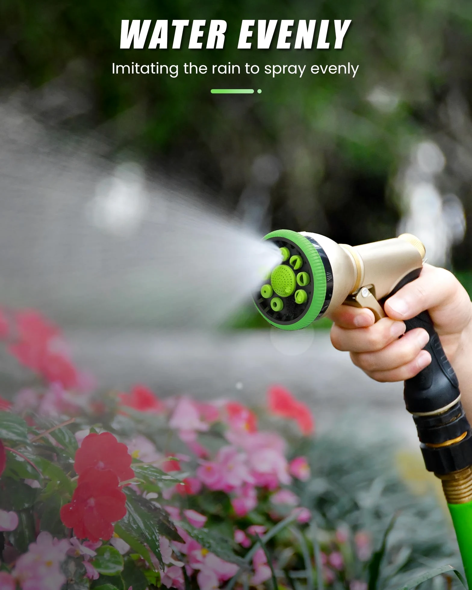 RAINPOINT Boquilla de manguera de jardín, boquilla rociadora de manguera de agua 100% de metal resistente (todo verde, paquete de 2)