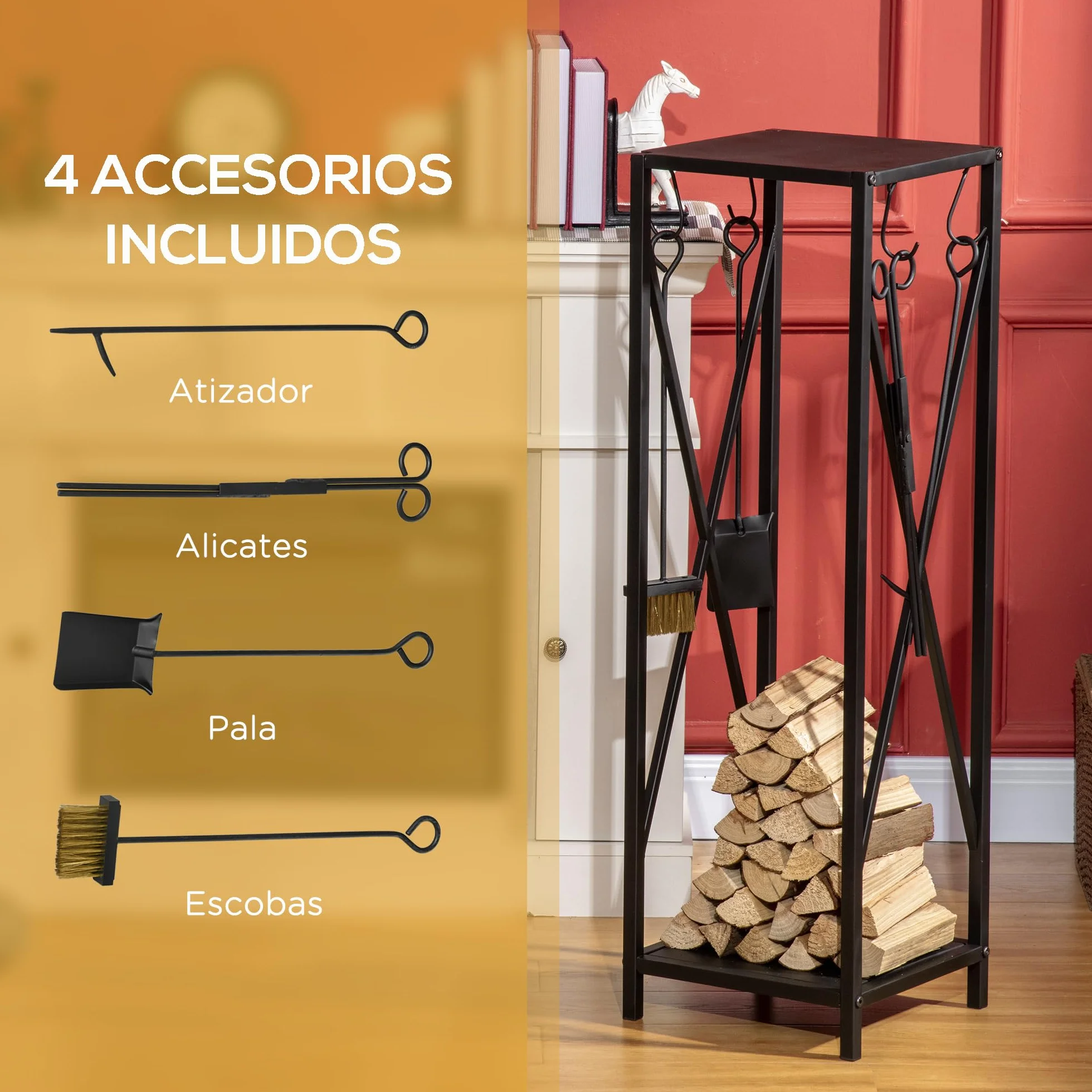 Outsunny Soporte para Leña Estante de Leña Metálico Leñero de Exterior con Ganchos Pala Cepillo Atizador y Tenazas Carga 65 kg para Interior y Exterior 34x34x111 cm Negro