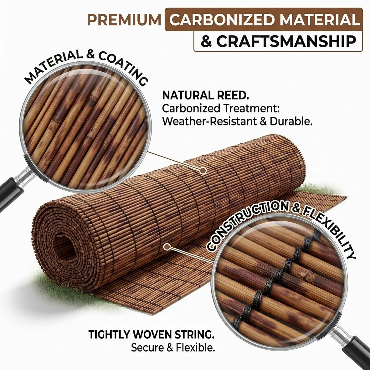 Cañizo Natural Trenzado Valla de Privacidad para Jardín Exterior Rollo de Caña Pantalla de Ocultación Protector Visual Decorativo para Piscina Patio Trasero Sombra Transpirable(Carbonizado,60x600cm)