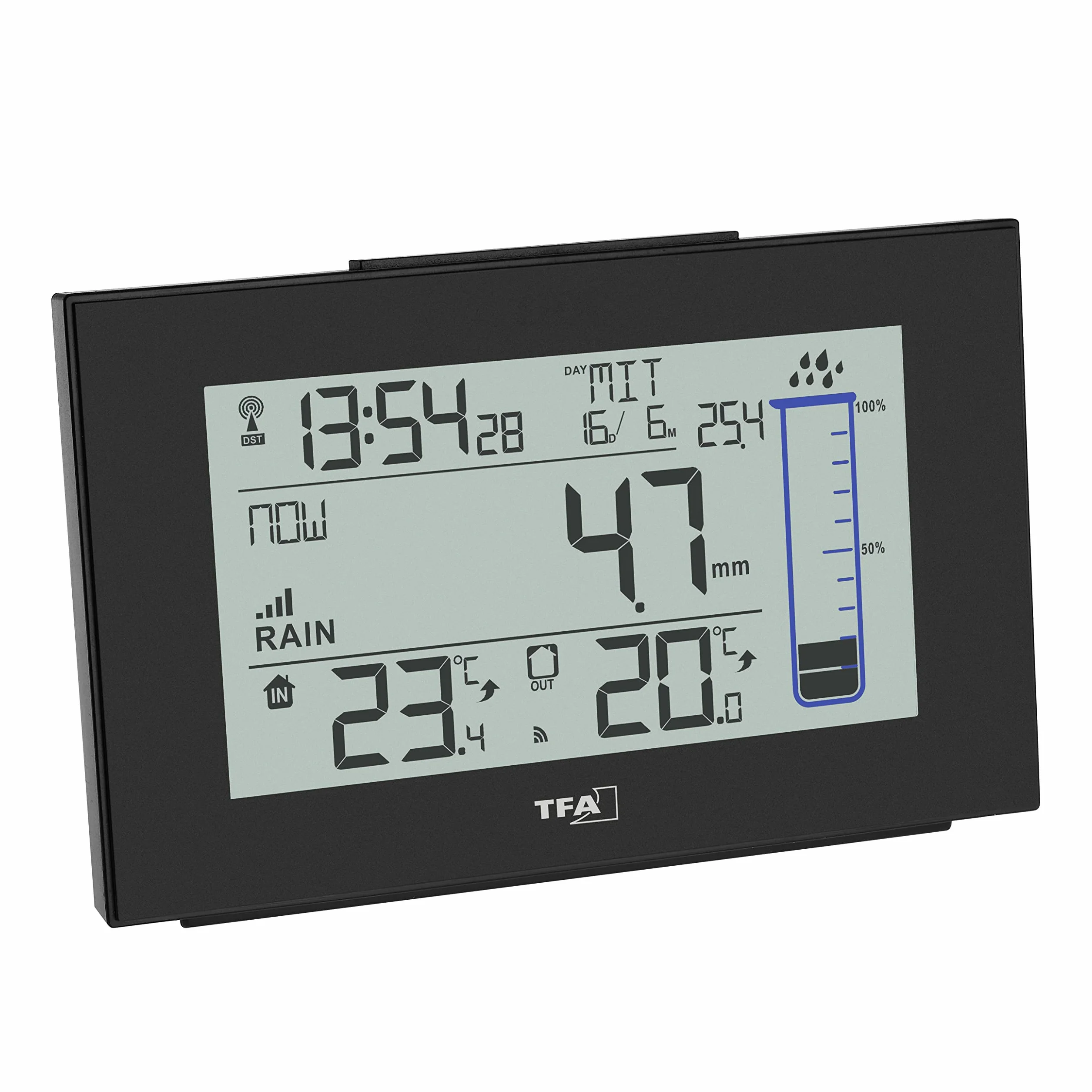 TFA Dostmann Splash 47.3006.01 - Pluviómetro Digital inalámbrico para jardín, con autodrenaje, Color Negro