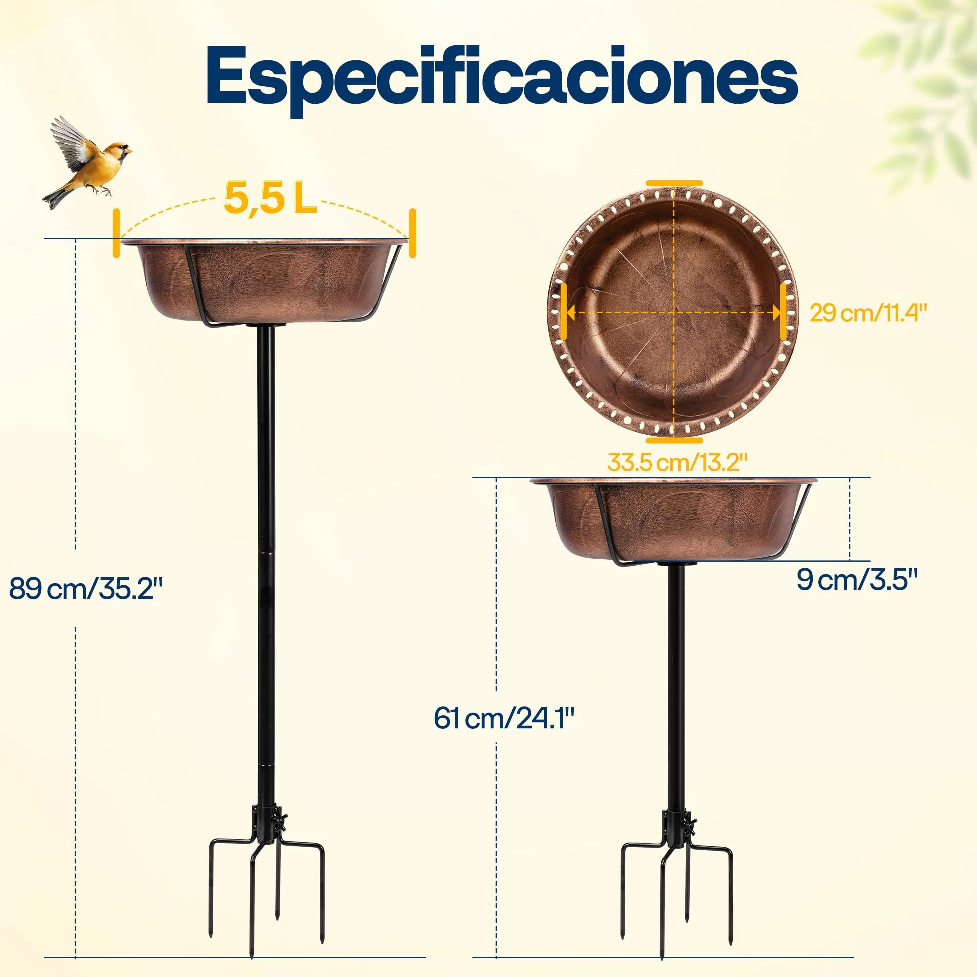 VIVOHOME Baño para Pájaros Exterior, Cuenco Desmontable con Base 4 Puntas, Baño y Comedero para Jardín y Césped (Bronce)