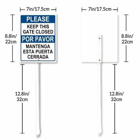 Letrero bilingüe para patio con estacas de 17,5 x 22 cm, de aluminio resistente, resistente a la intemperie, doble idioma, letrero de aviso de propiedad agrícola