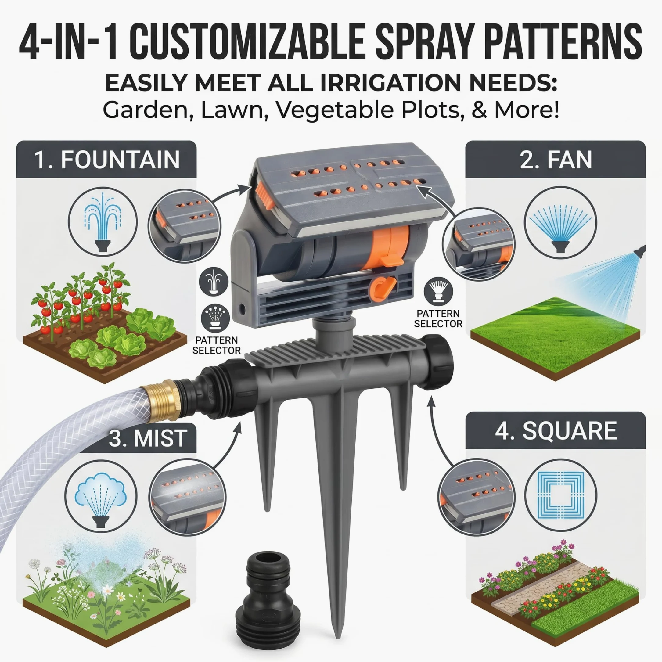 Aspersores, Aspersores De Césped para Jardín, Aspersor Oscilante Automático De Cobertura De 180 ° con Estaca De Trípode, Aspersor De Jardín De 4 Modos De Aspersión para Patio Y